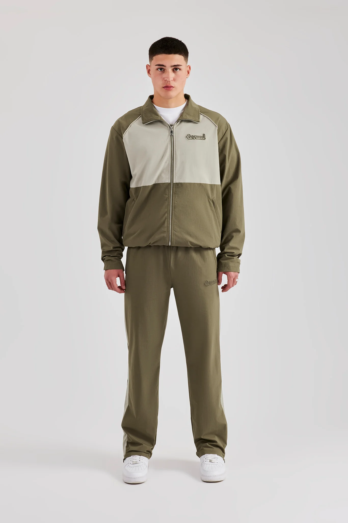 Nylon Panel Funnel Neck Track Jacket & Jogger - Khaki - Image 4