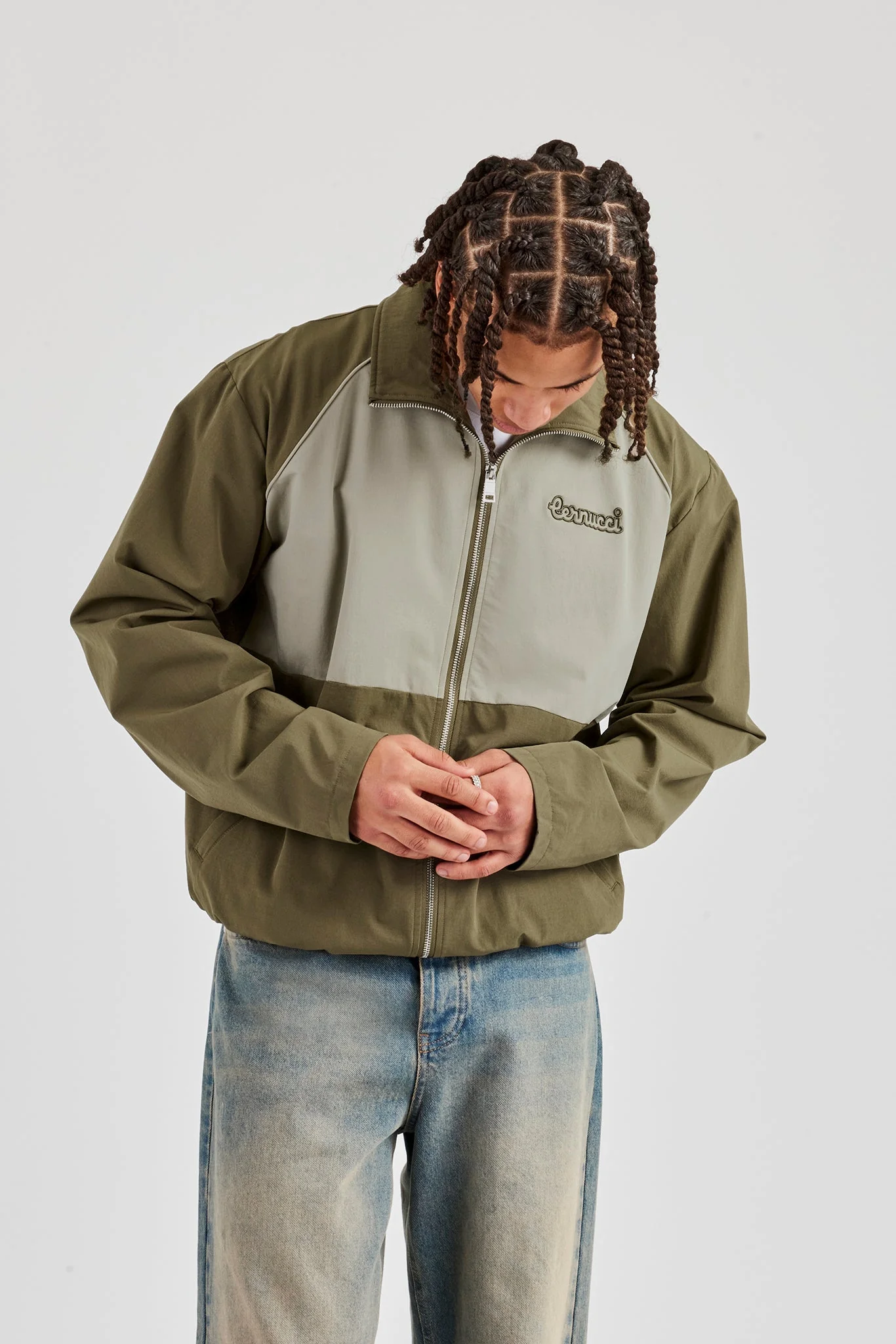 Nylon Panel Funnel Neck Track Jacket - Khaki - Image 4