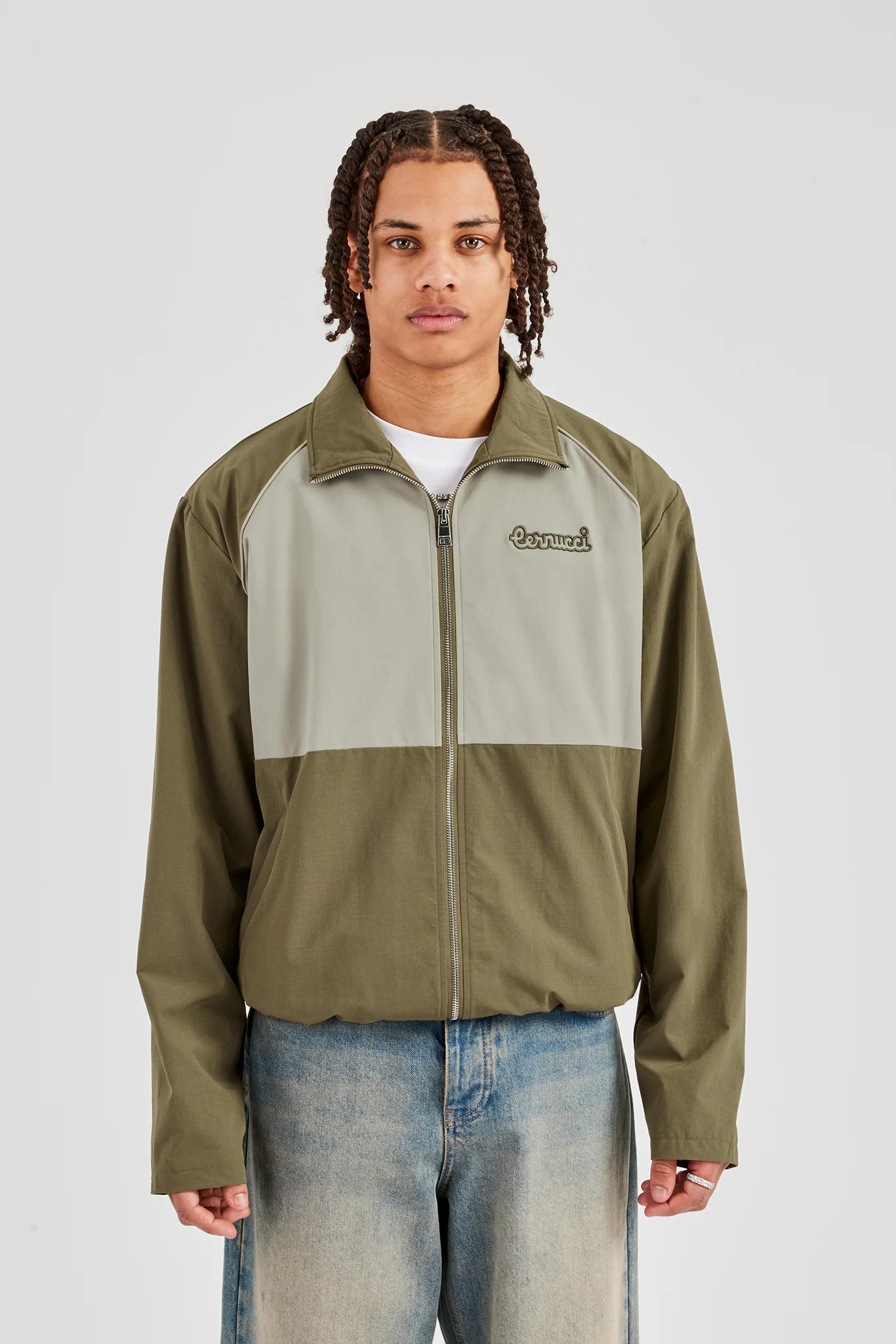 Nylon Panel Funnel Neck Track Jacket - Khaki - Image 6