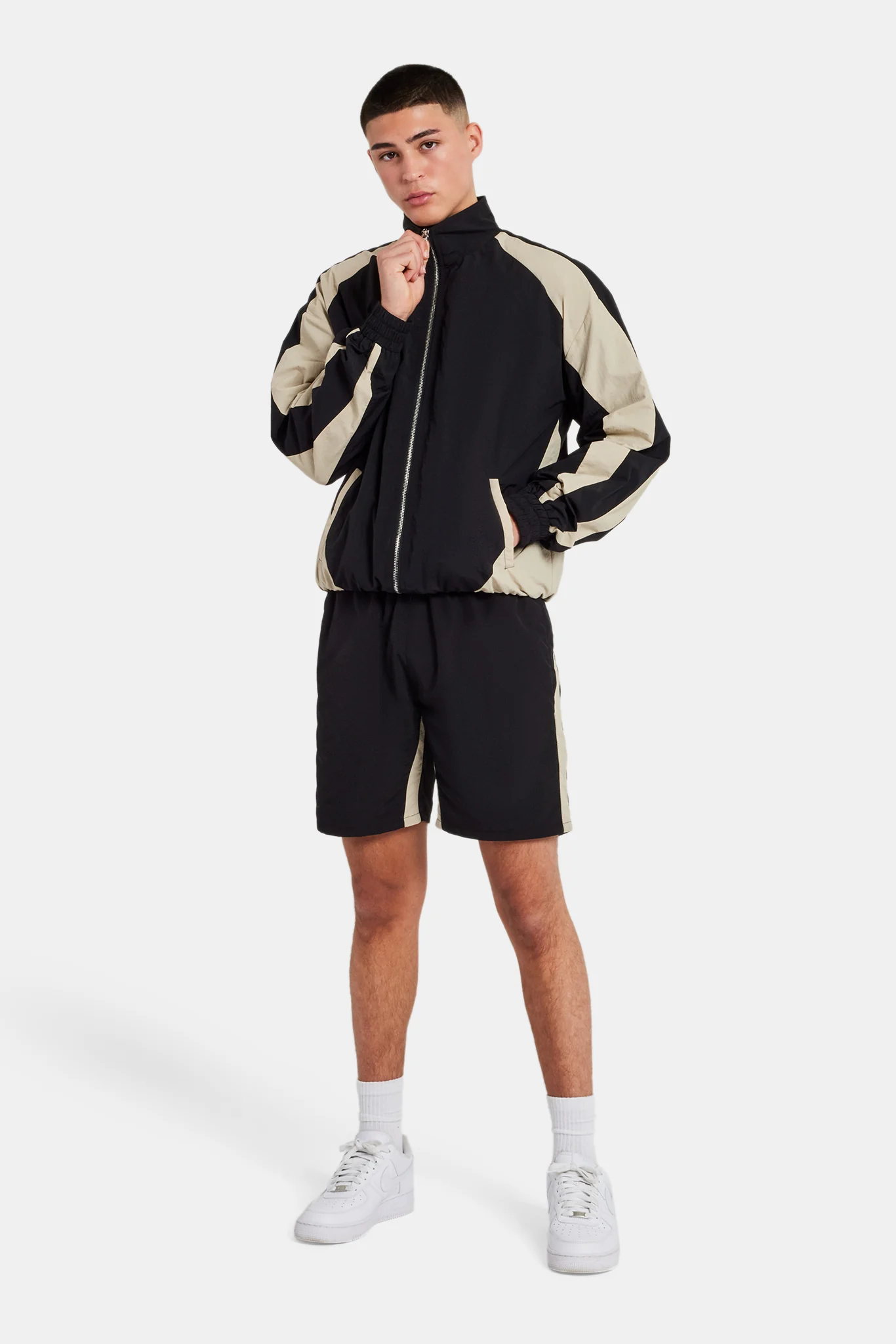 Nylon Panelled Track Jacket & Short Set - Black - Image 7
