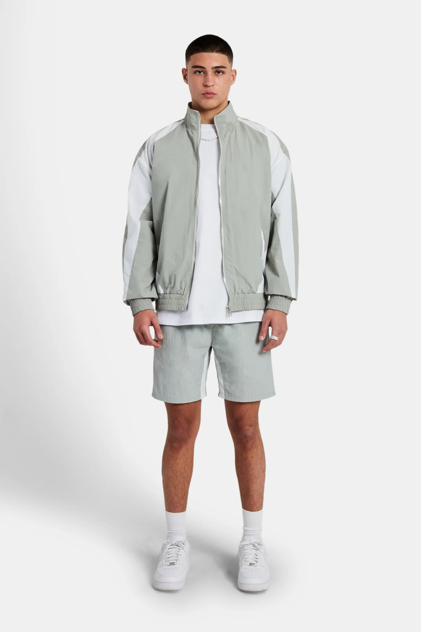 Nylon Panelled Track Jacket & Short Set - Light Grey - Image 2