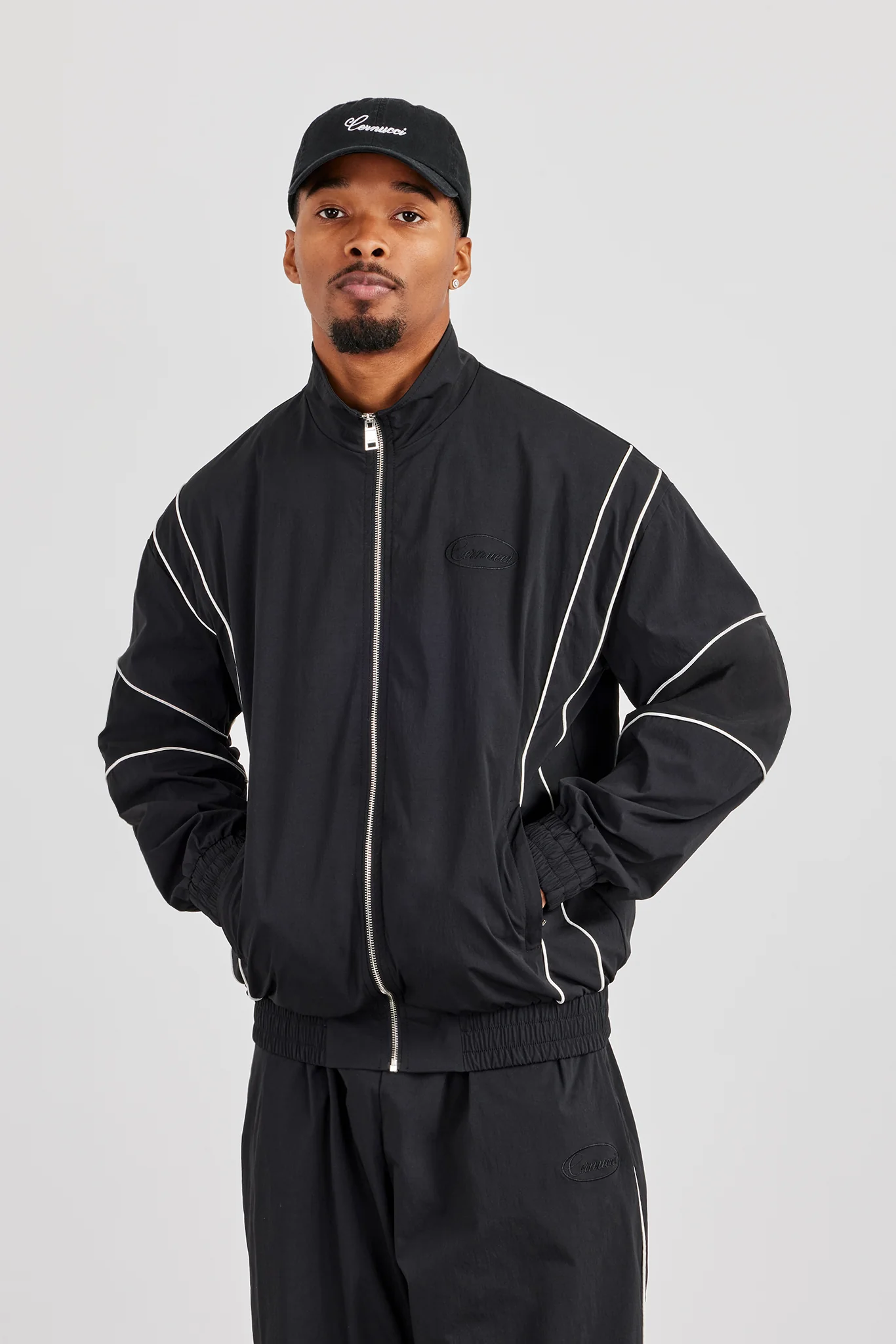 Nylon Piping Embroidered Track Jacket - Black - Image 4