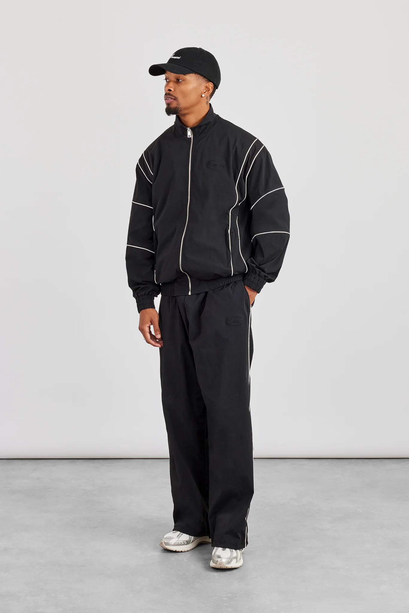Nylon Piping Embroidered Track Jacket & Trouser - Black