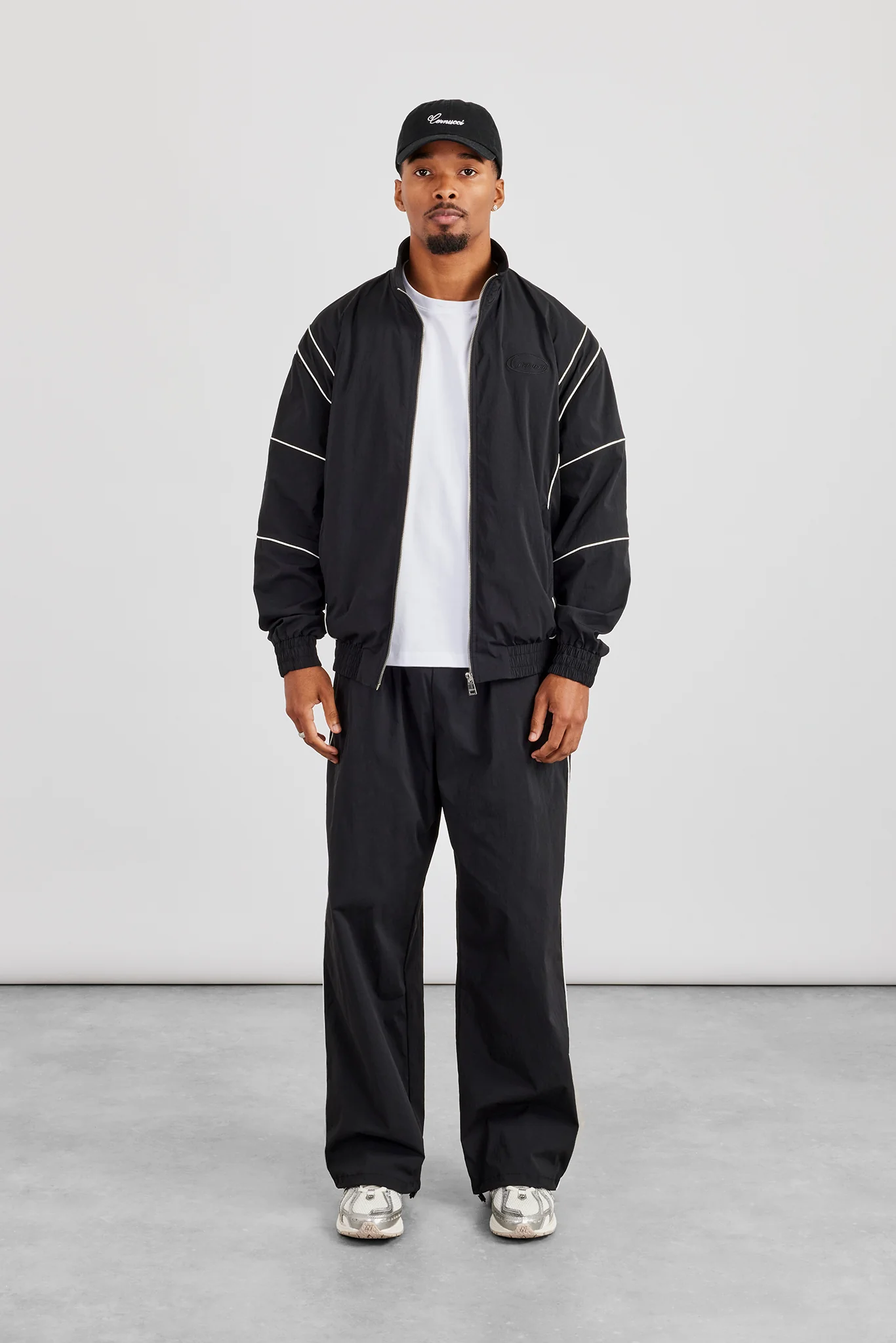 Nylon Piping Embroidered Track Jacket & Trouser - Black - Image 4