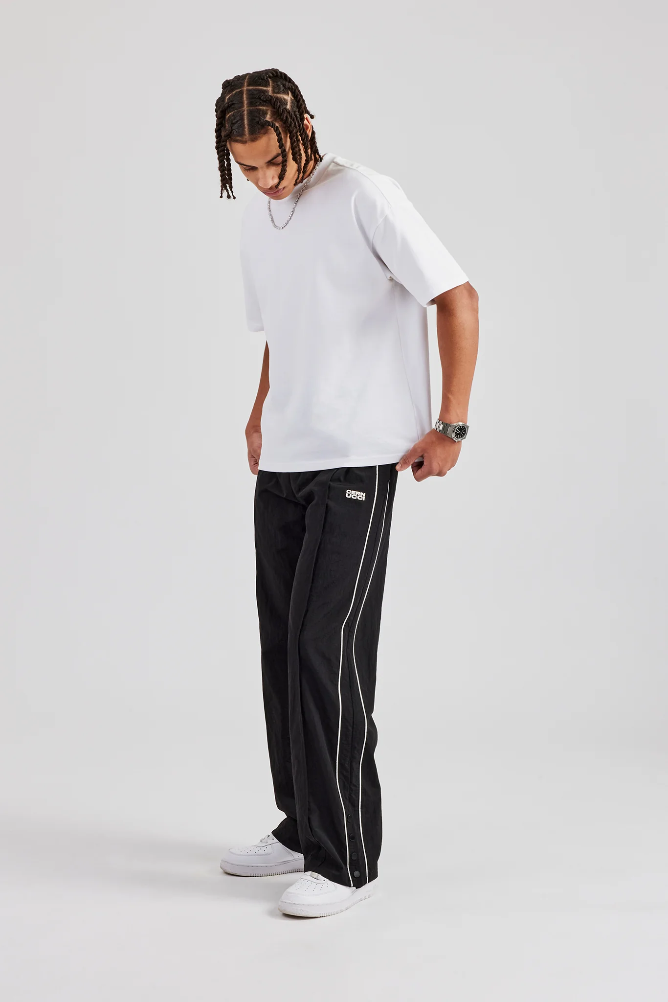 Nylon Piping Popper Wide Leg Jogger - Black - Image 3