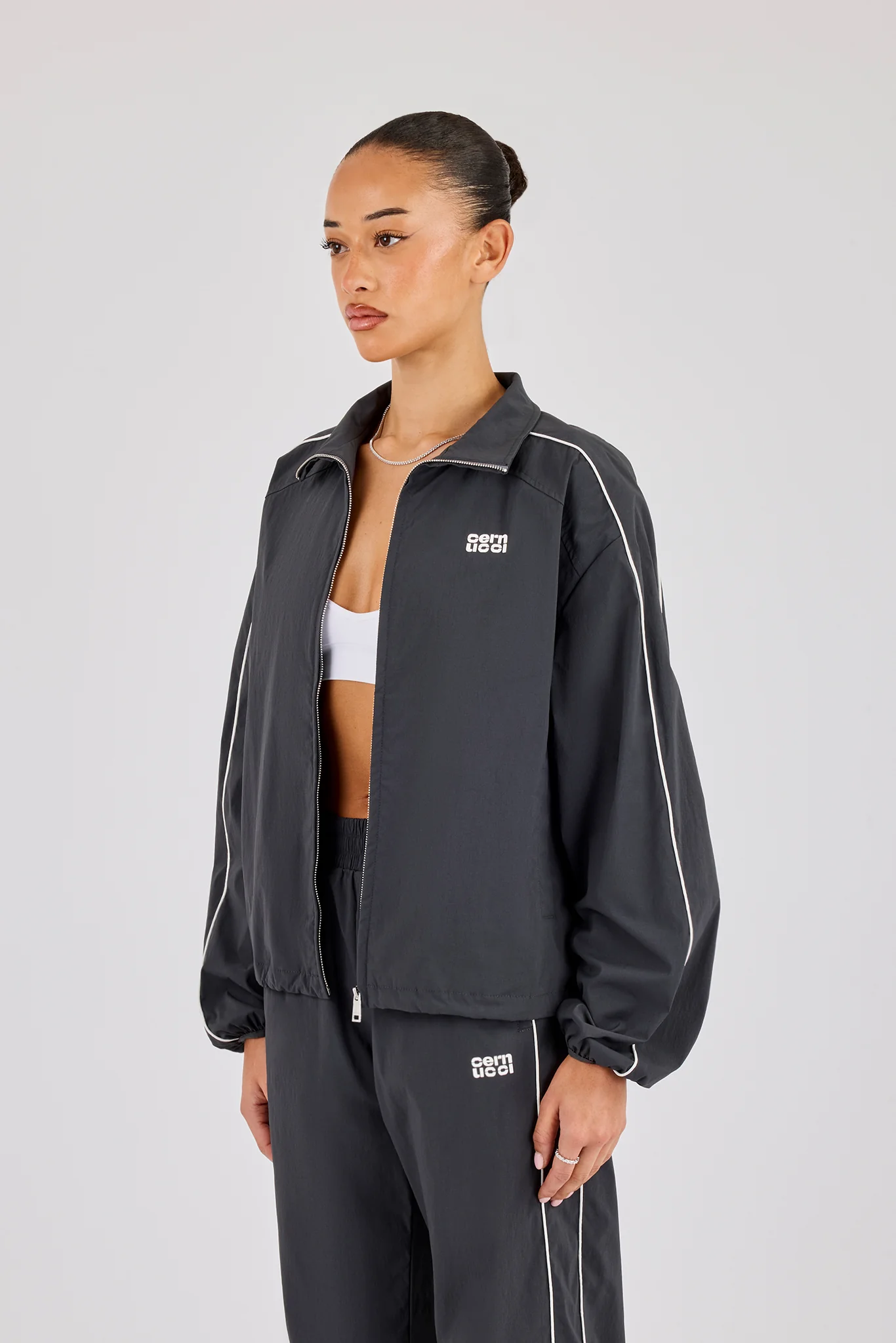 Nylon Piping Track Jacket - Charcoal - Image 2