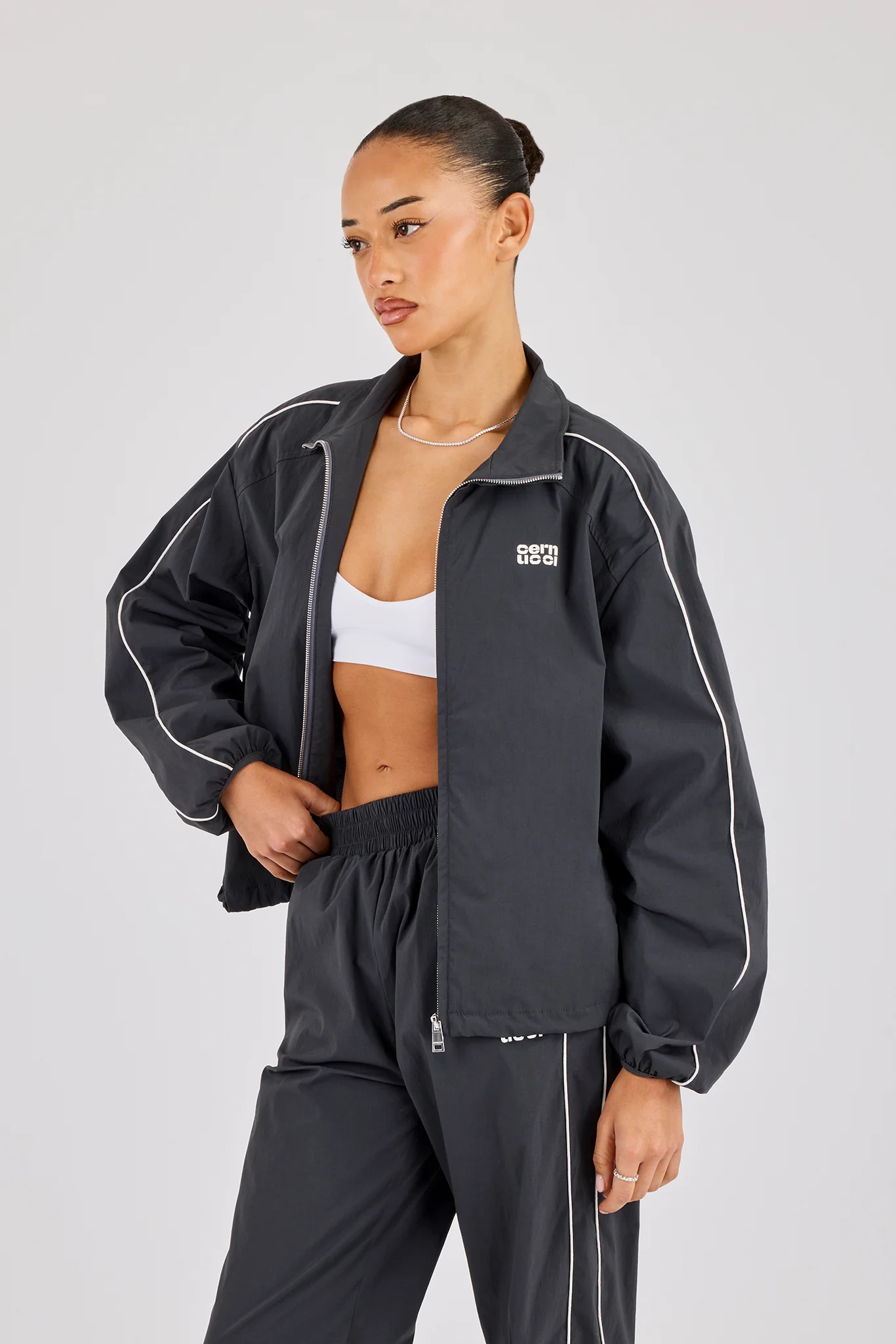 Nylon Piping Track Jacket - Charcoal - Image 4