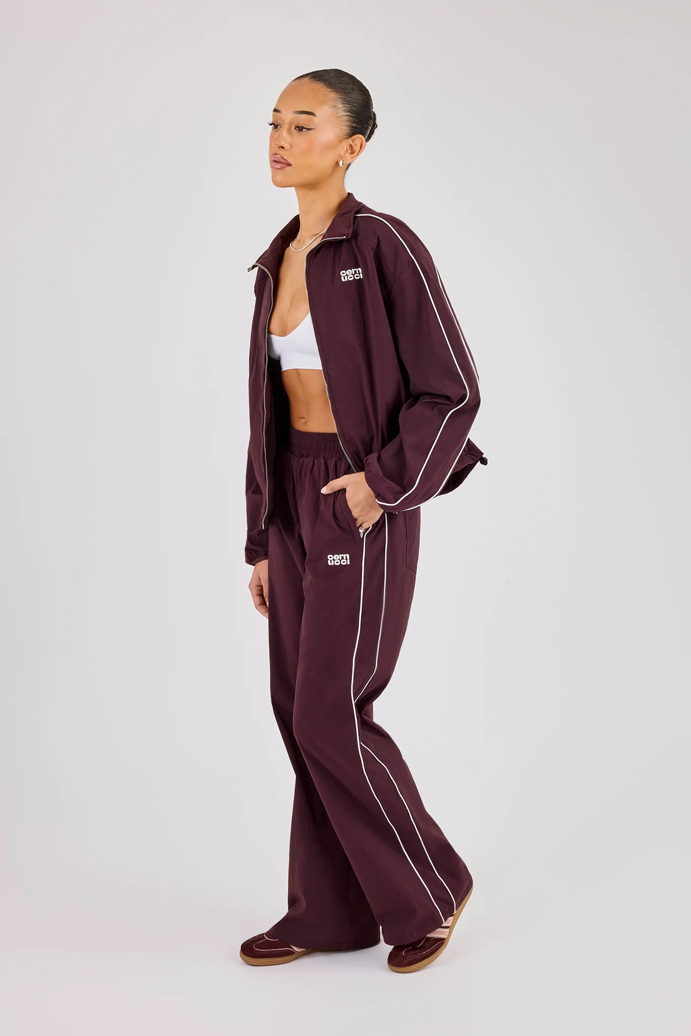 Nylon Piping Track Jacket & Wide Leg Track Pant - Burgundy - Image 2