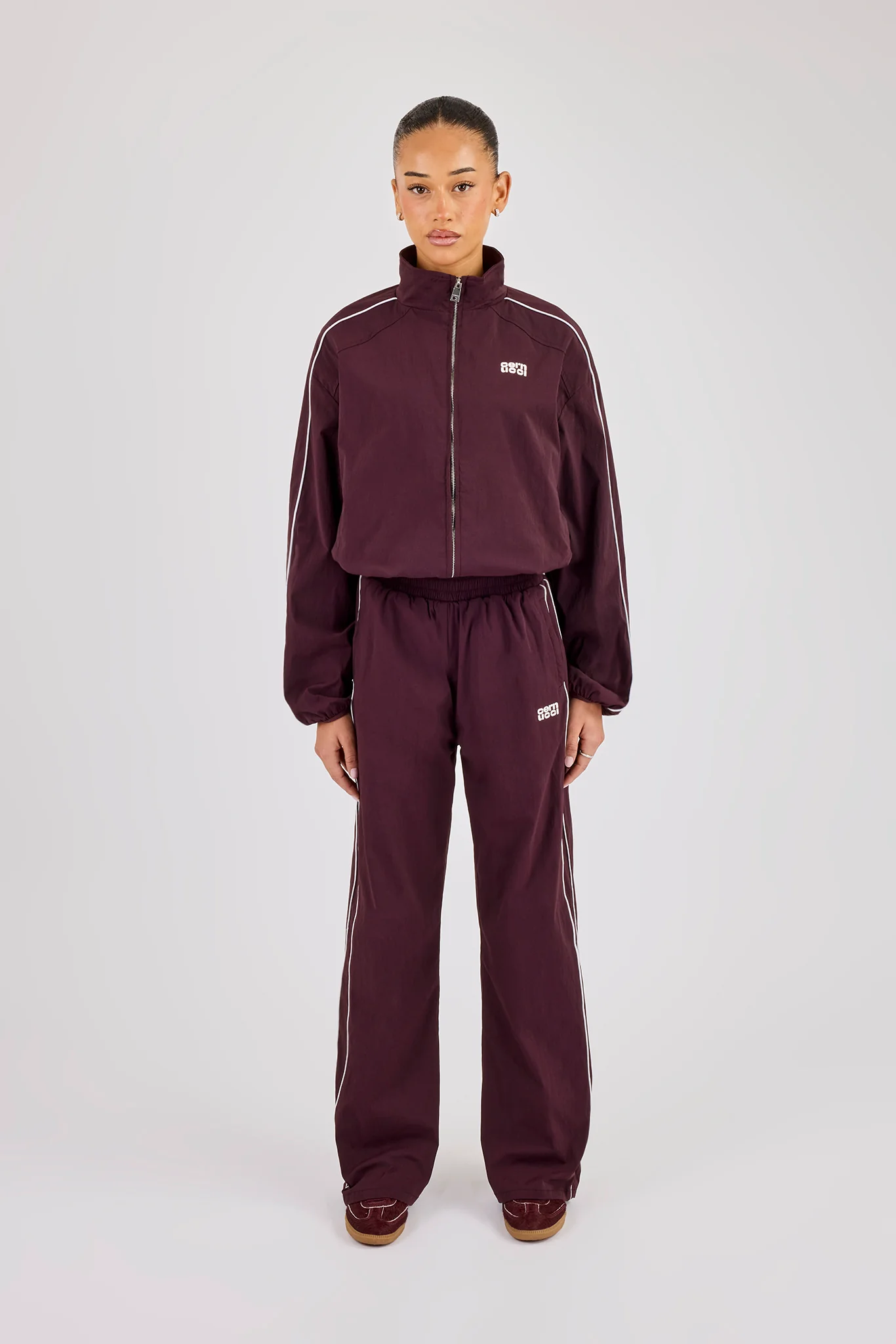 Nylon Piping Track Jacket & Wide Leg Track Pant - Burgundy - Image 3
