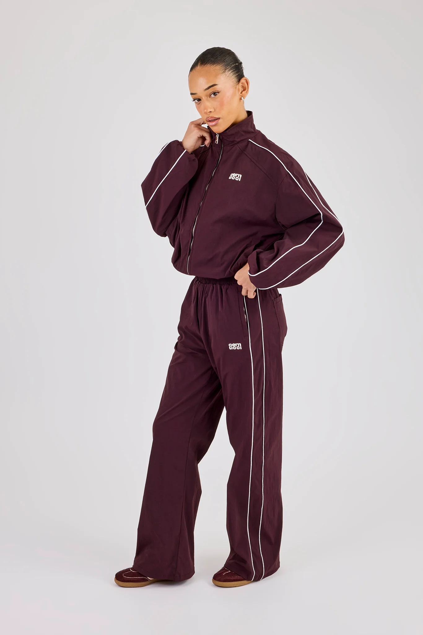Nylon Piping Wide Leg Track Pant - Burgundy - Image 2