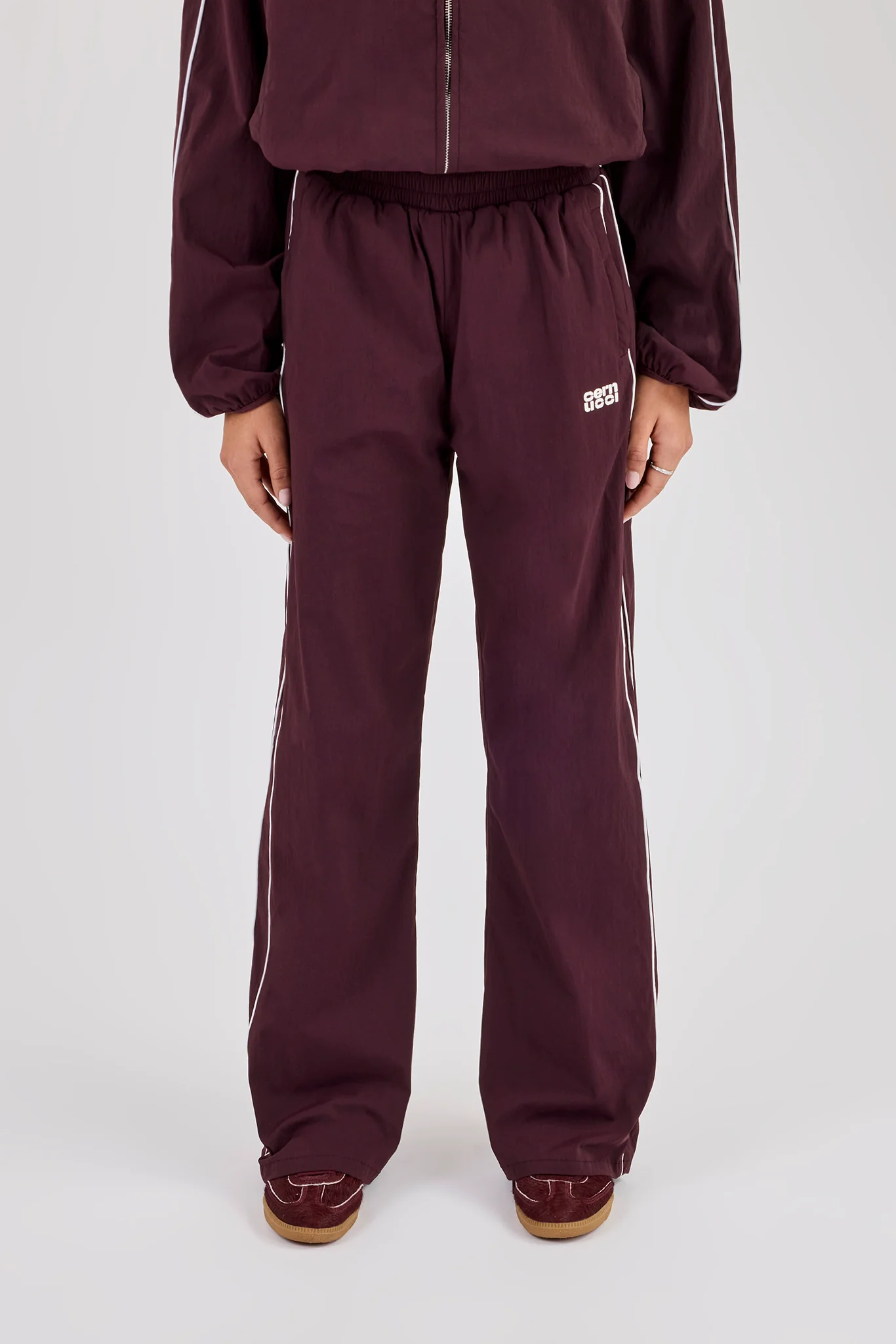 Nylon Piping Wide Leg Track Pant - Burgundy - Image 3