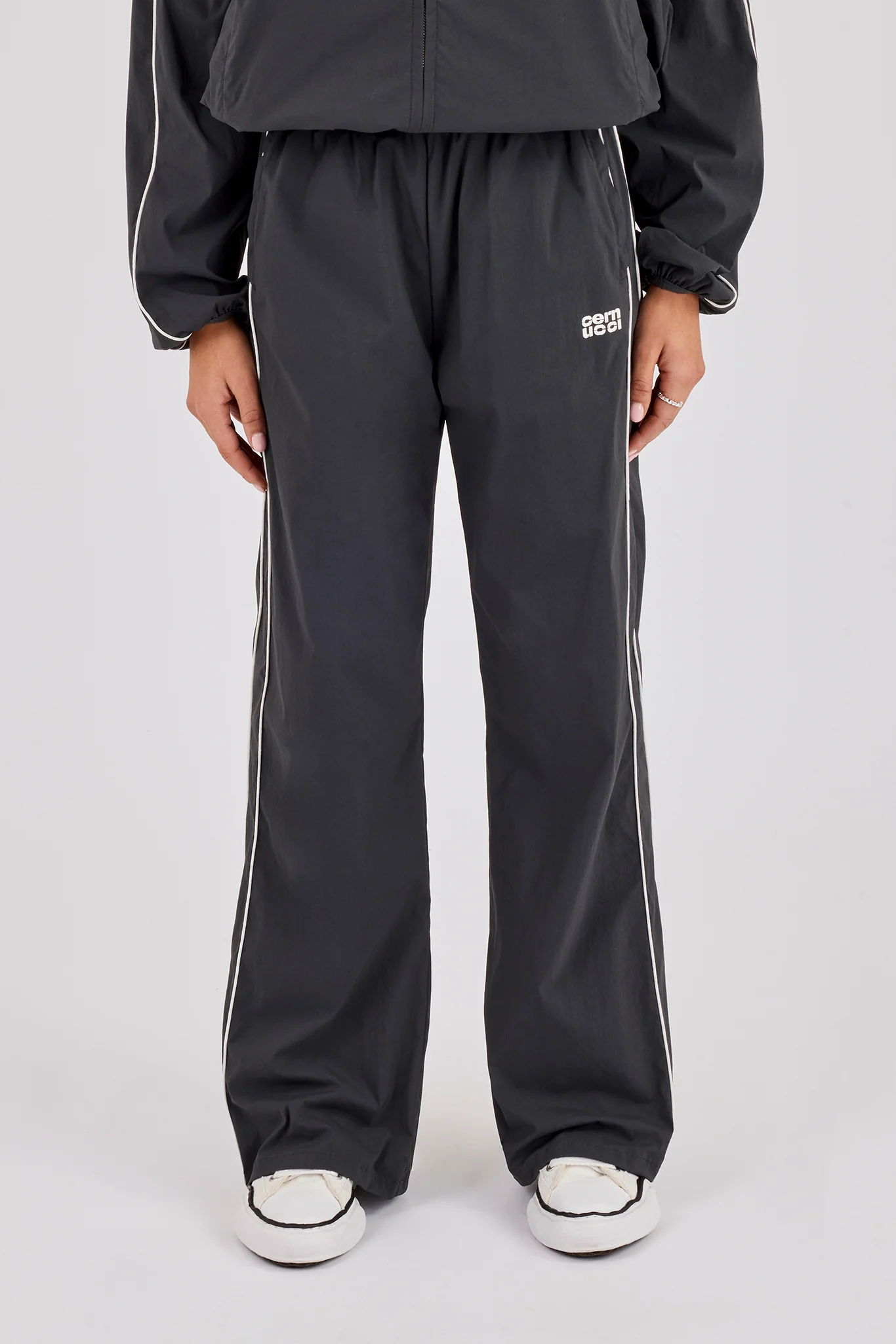 Nylon Piping Wide Leg Track Pant - Charcoal - Image 2