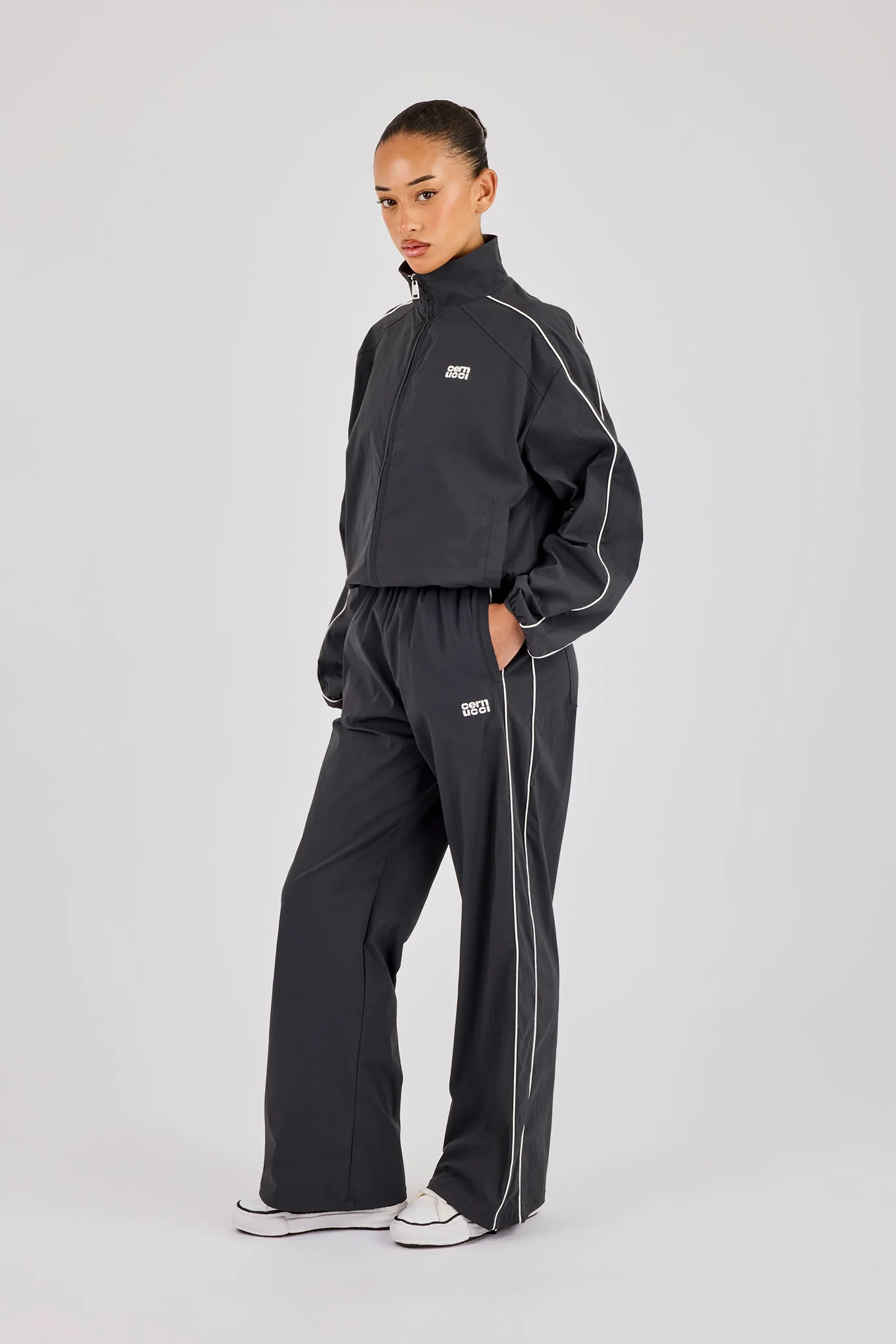 Nylon Piping Wide Leg Track Pant - Charcoal - Image 4