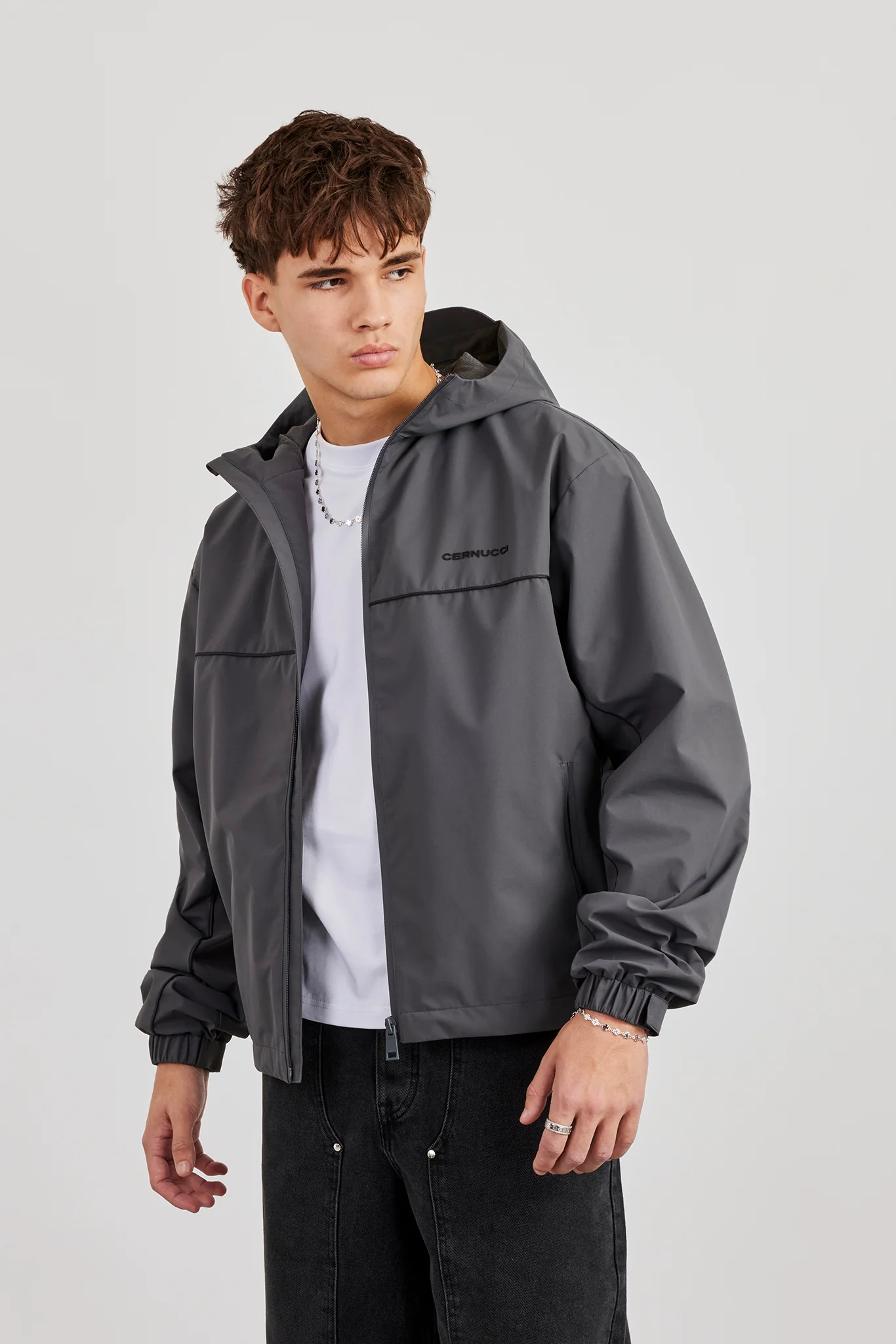 Nylon Windbreaker With Piping - Charcoal