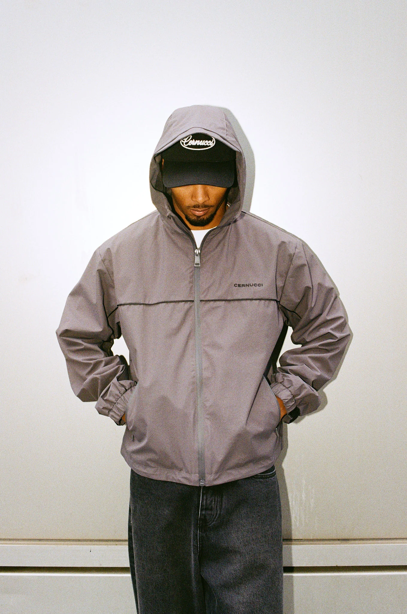 Nylon Windbreaker With Piping - Charcoal - Image 2