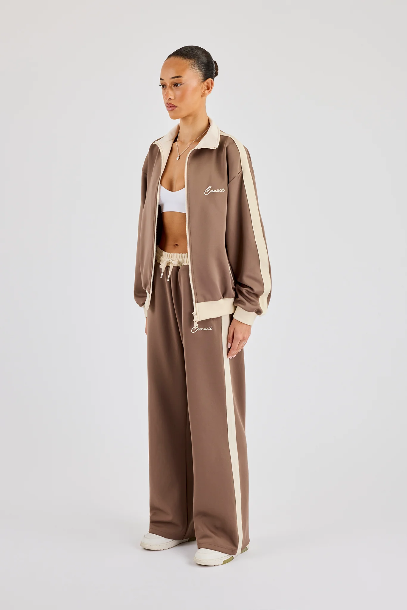 Off White Rib Contrast Panel Track Top & Pant - Taupe - Image 3