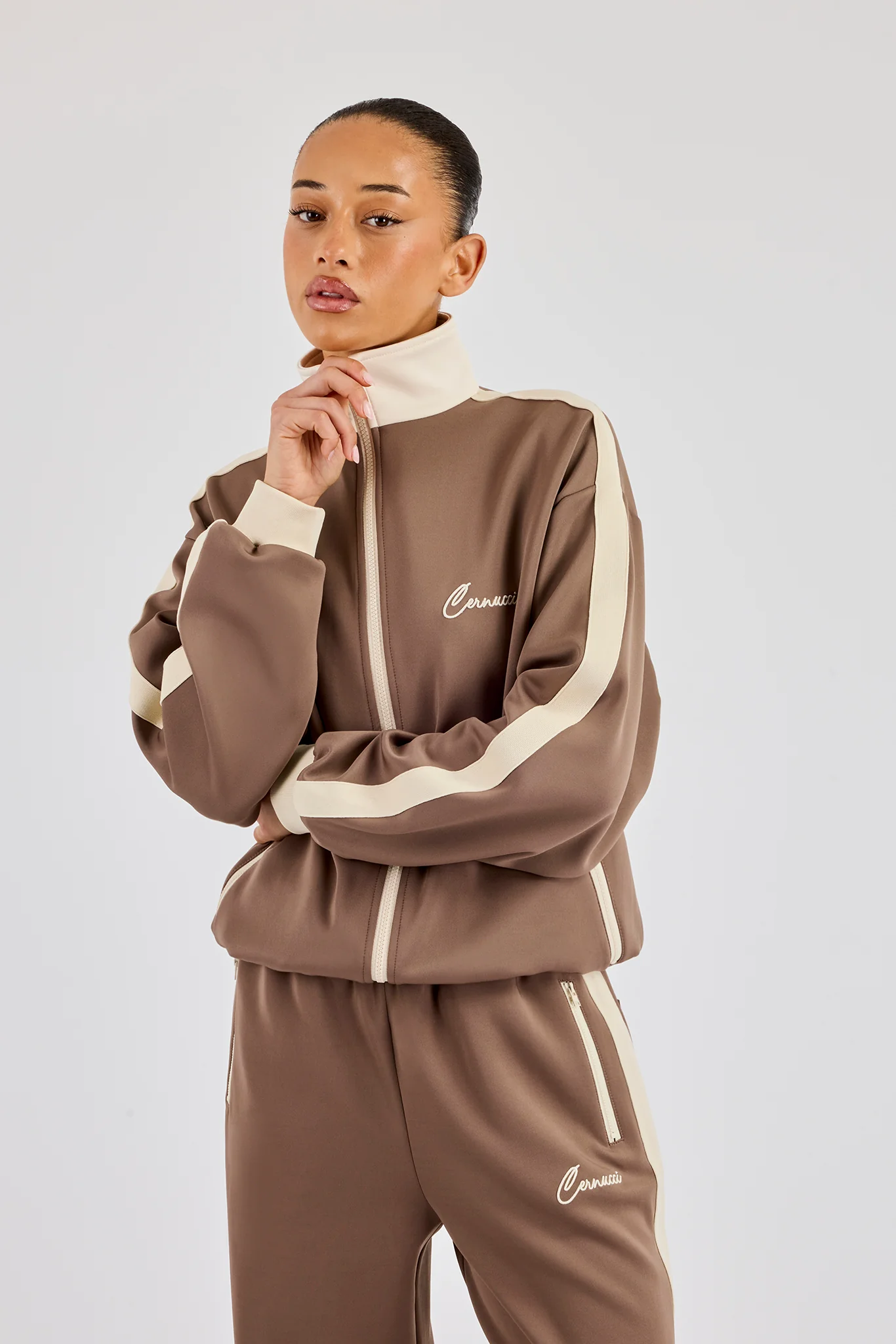 Off White Rib Contrast Panel Track Top - Taupe