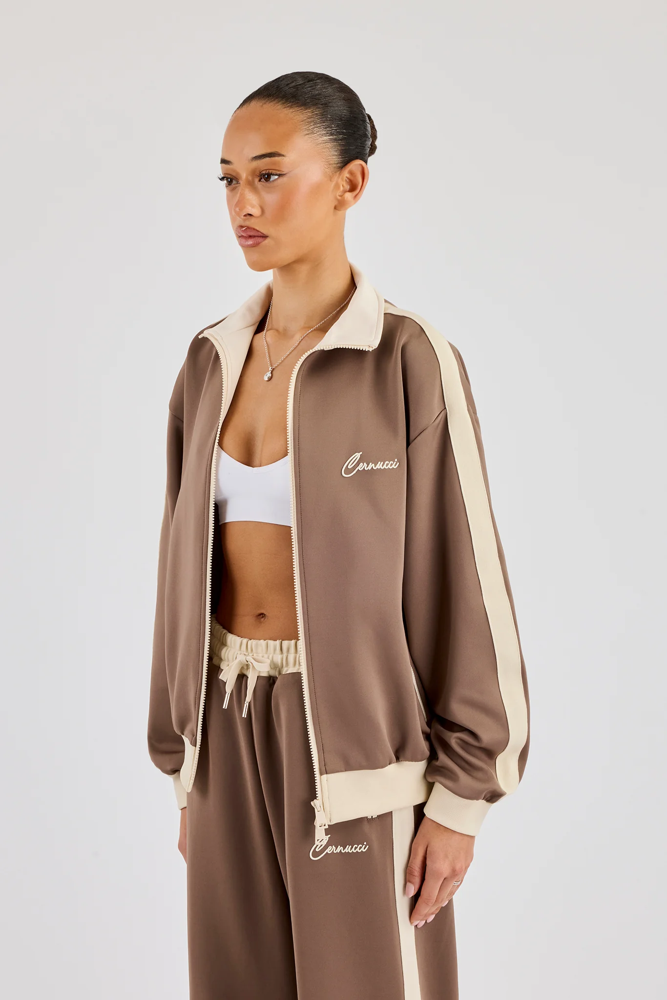 Off White Rib Contrast Panel Track Top - Taupe - Image 2