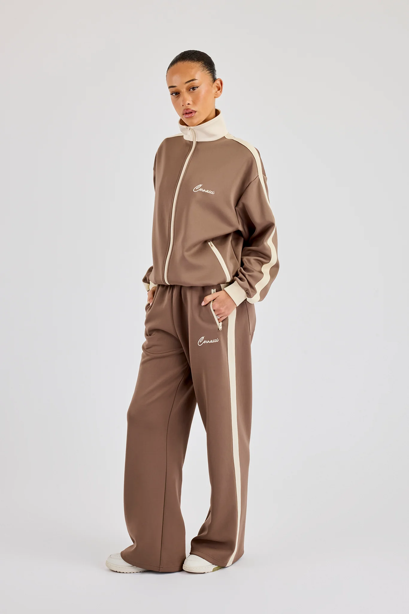 Off White Rib Contrast Panel Track Top - Taupe - Image 4