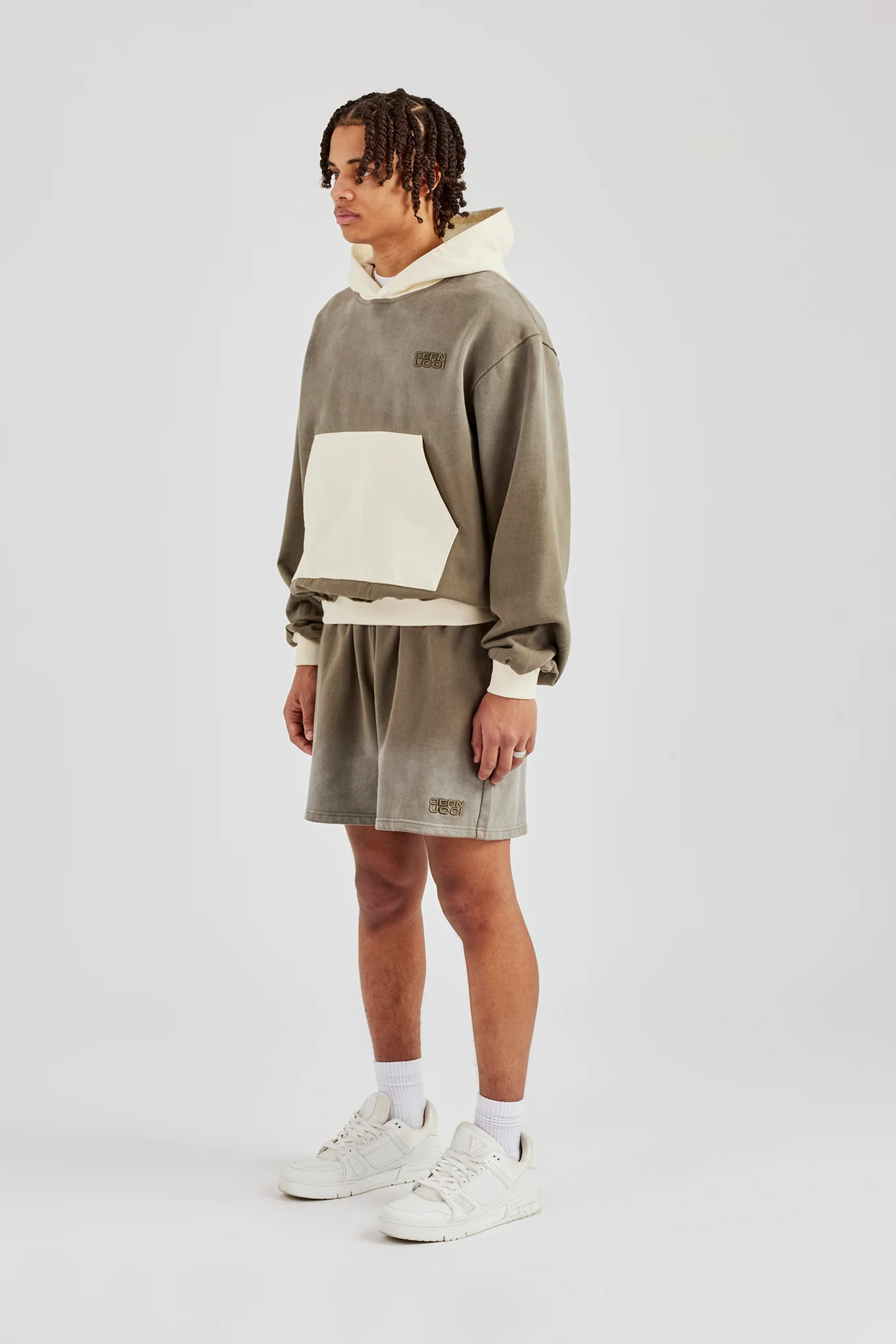 Ombre Wash Contrast Pocket Hoodie & Short Khaki - Image 2
