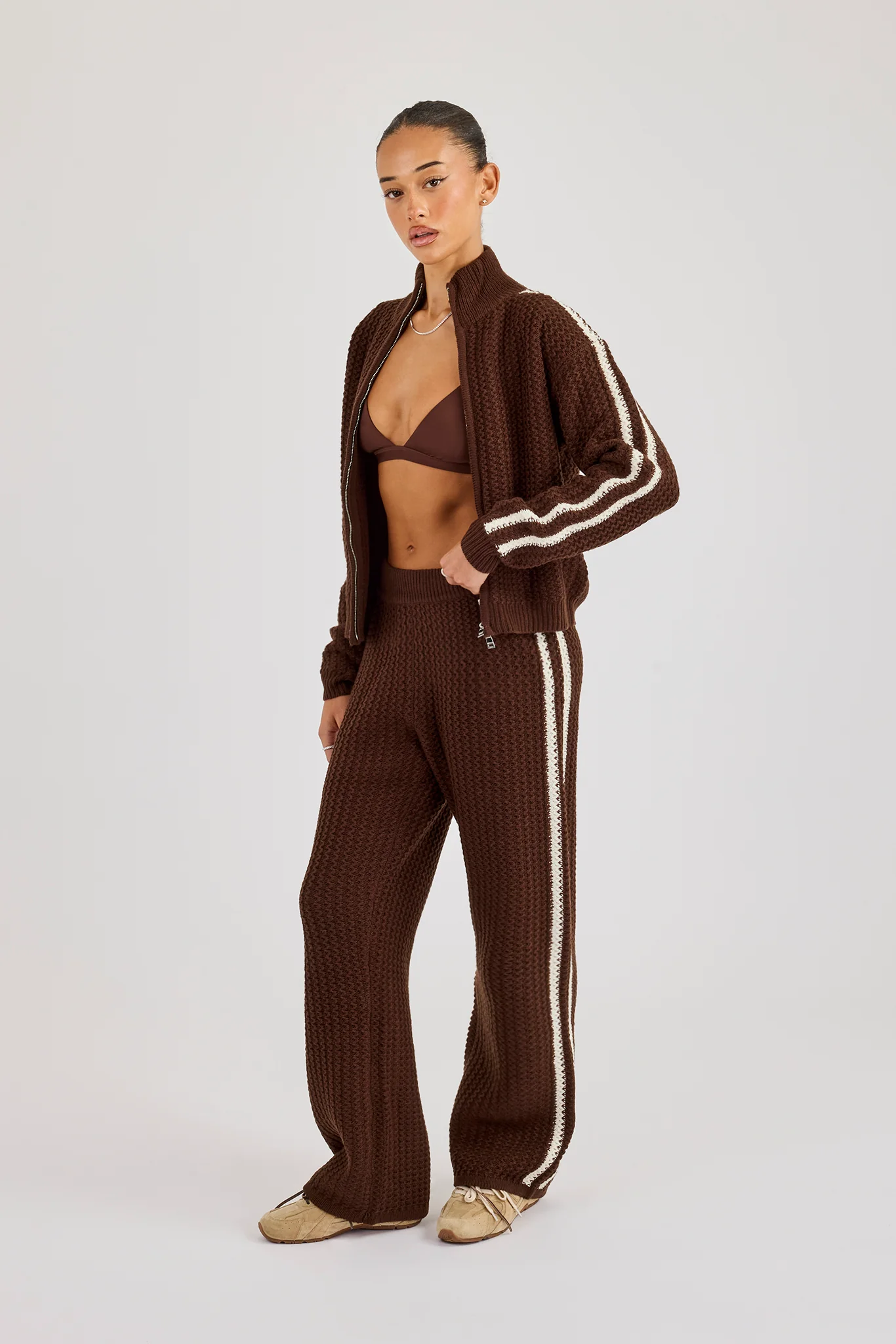 Open Knit Funnel Neck Jacket & Wide Leg Jogger With Tape Detailing - Dark Brown - Image 2