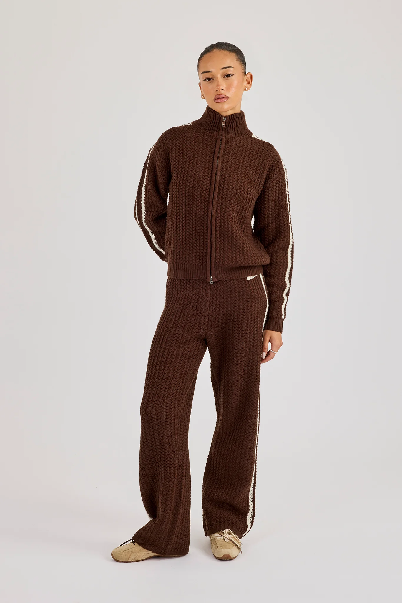 Open Knit Funnel Neck Jacket & Wide Leg Jogger With Tape Detailing - Dark Brown - Image 4