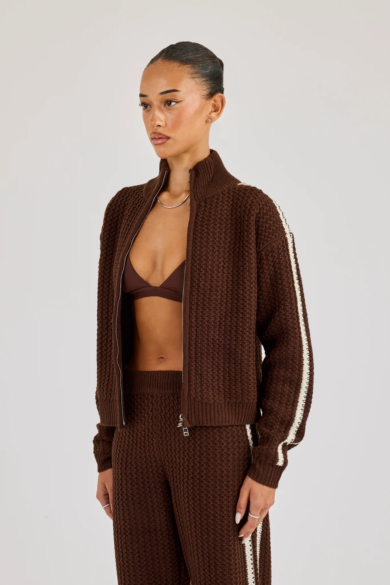 Open Knit Funnel Neck Jacket With Tape Detailing - Dark Brown - Image 4