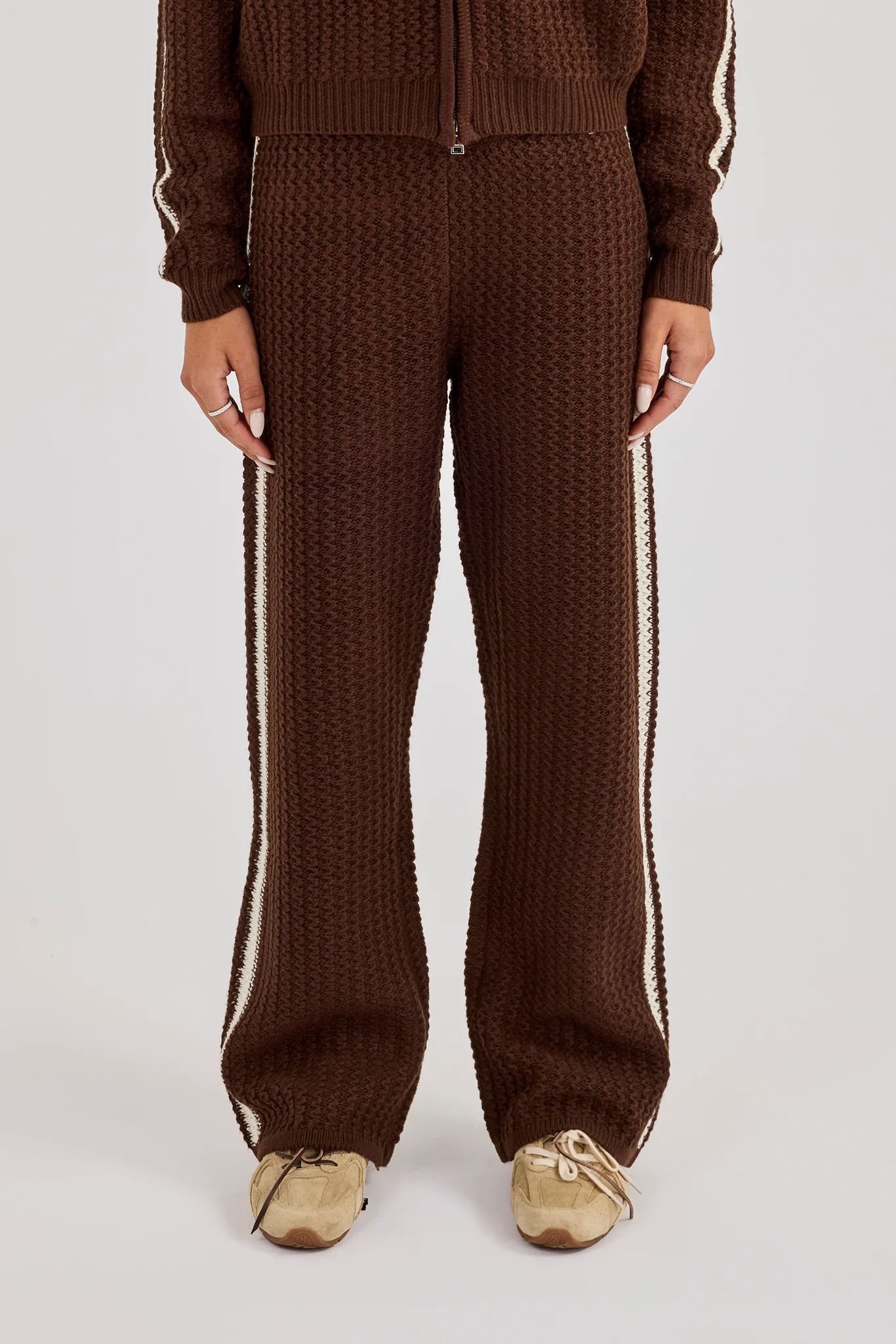 Open Knit Wide Leg Jogger With Tape Detailing - Dark Brown - Image 3