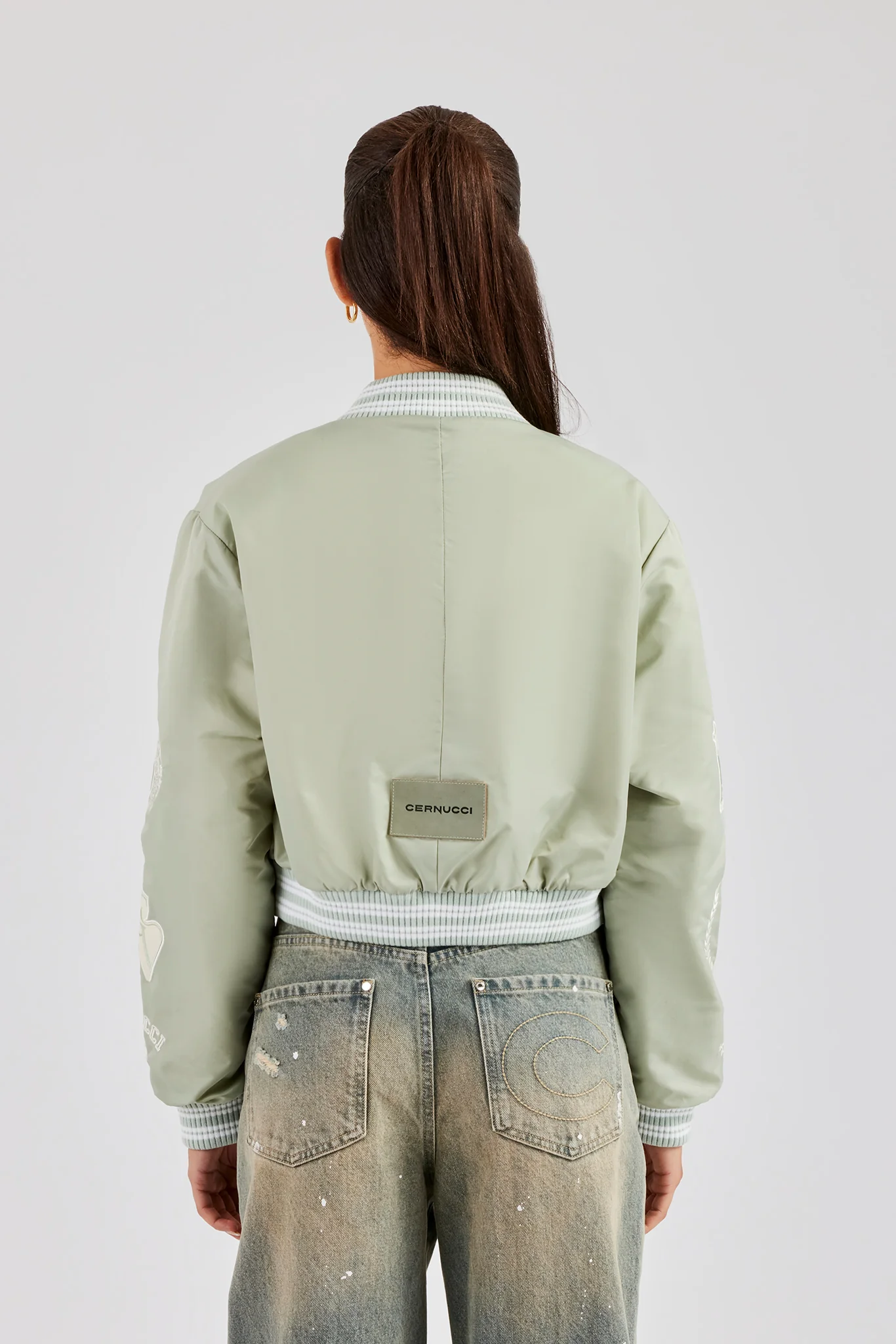 Oversized 17 Nylon Applique Badge Bomber - Sage - Image 2