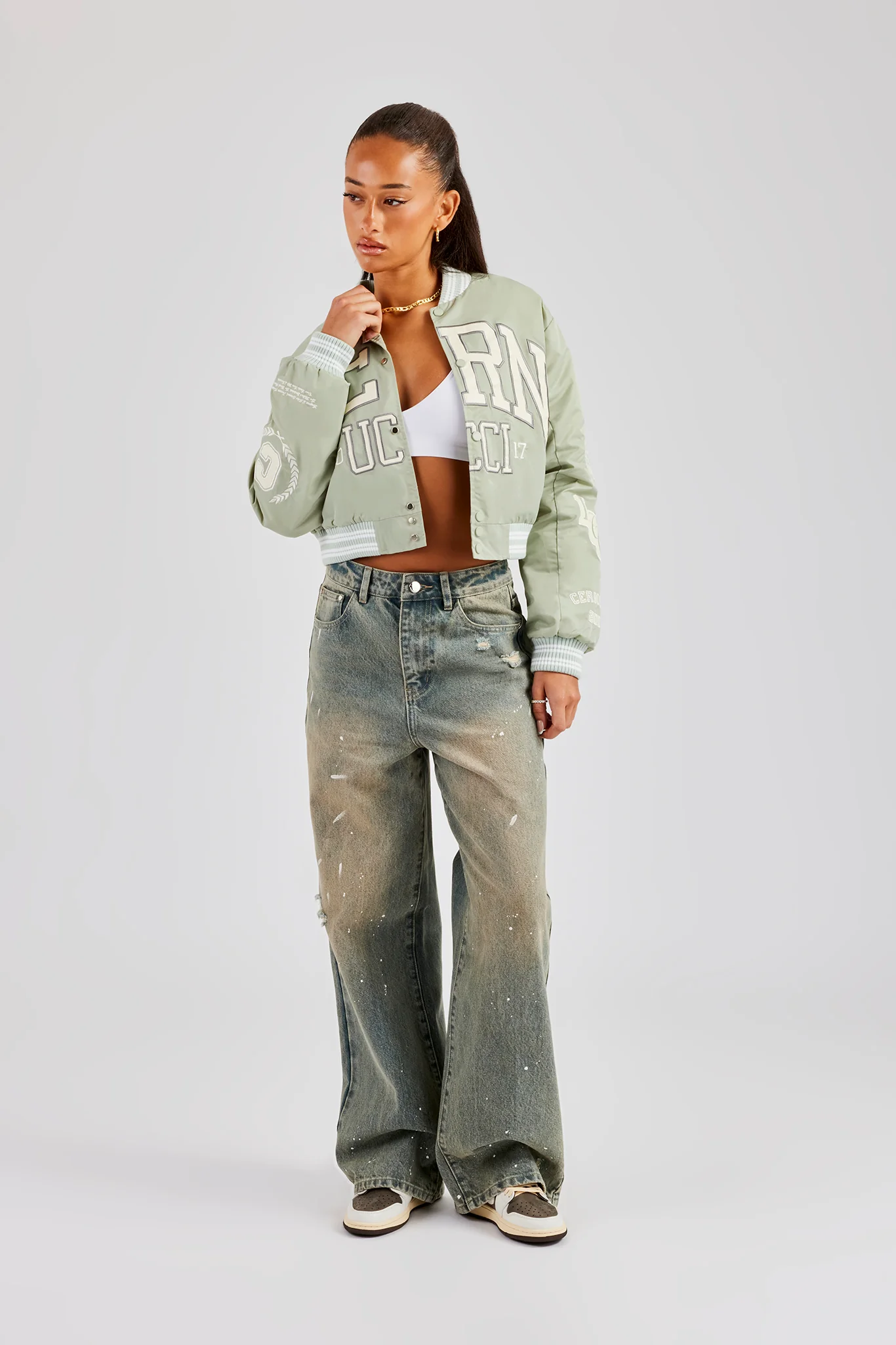 Oversized 17 Nylon Applique Badge Bomber - Sage - Image 4