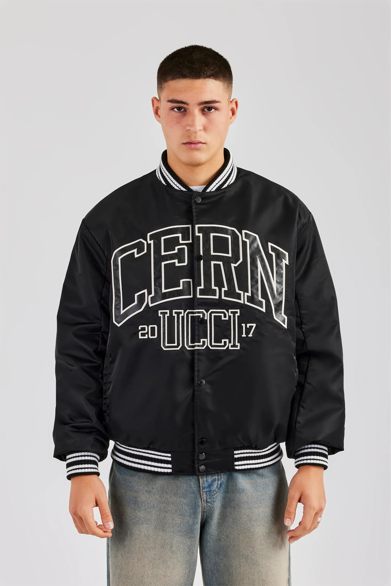 Oversized 17 Nylon Applique Bomber Jacket - Black - Image 2
