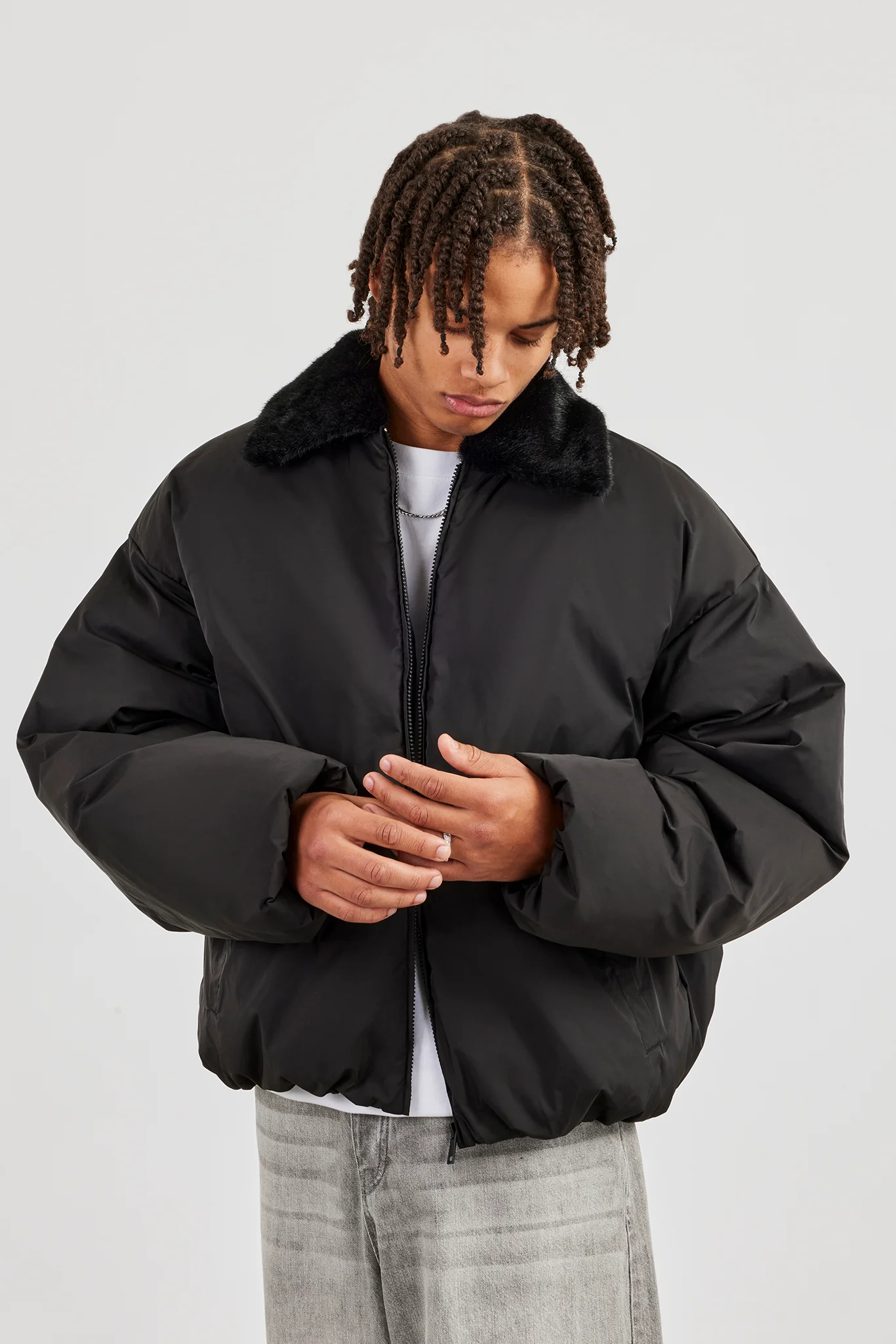 Oversized Bomber With Fur Collar - Black