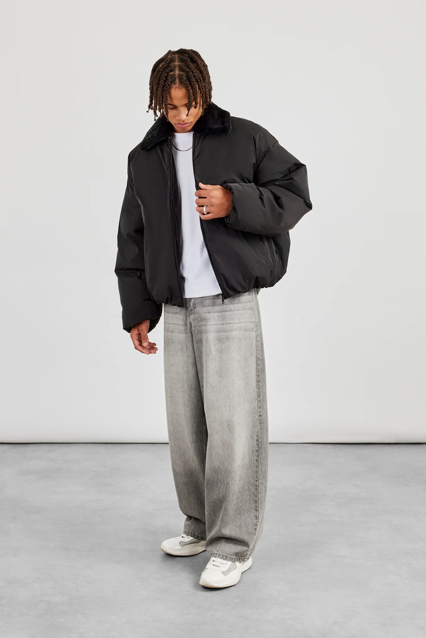 Oversized Bomber With Fur Collar - Black - Image 2