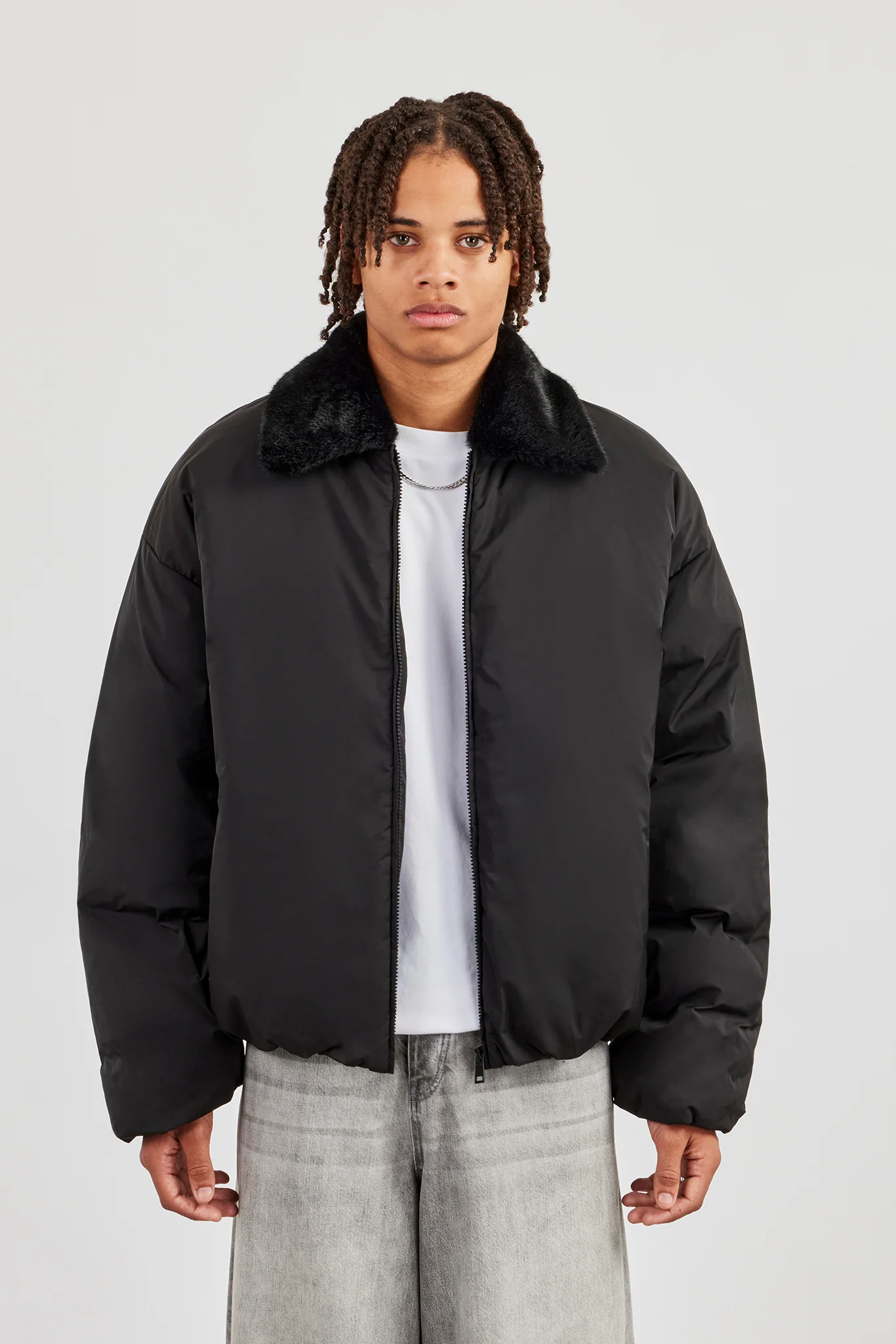 Oversized Bomber With Fur Collar - Black - Image 5