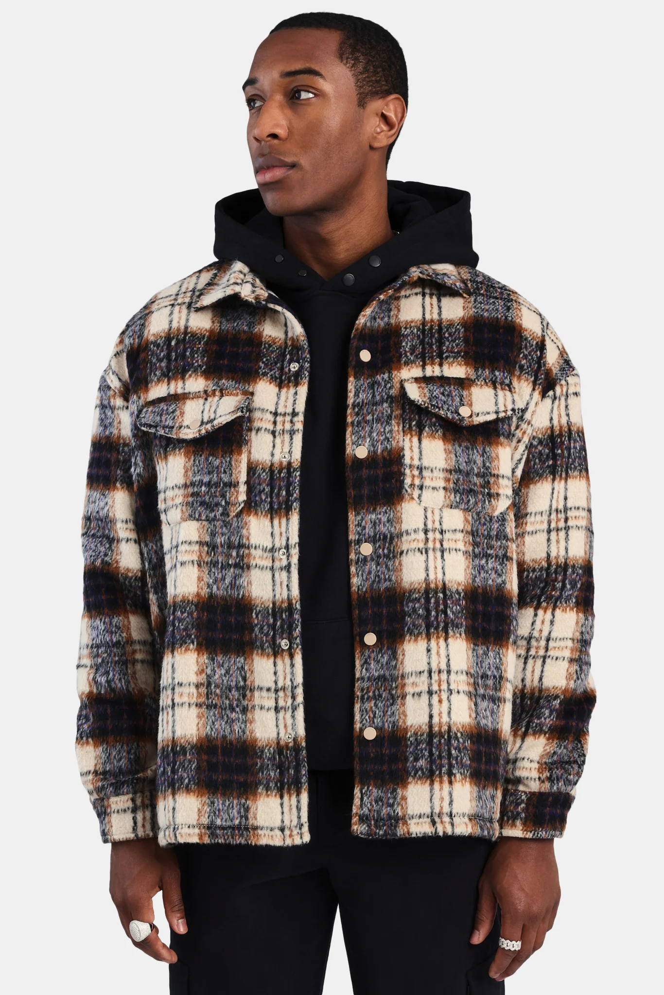Oversized Brushed Check Overshirt - Beige - Image 5