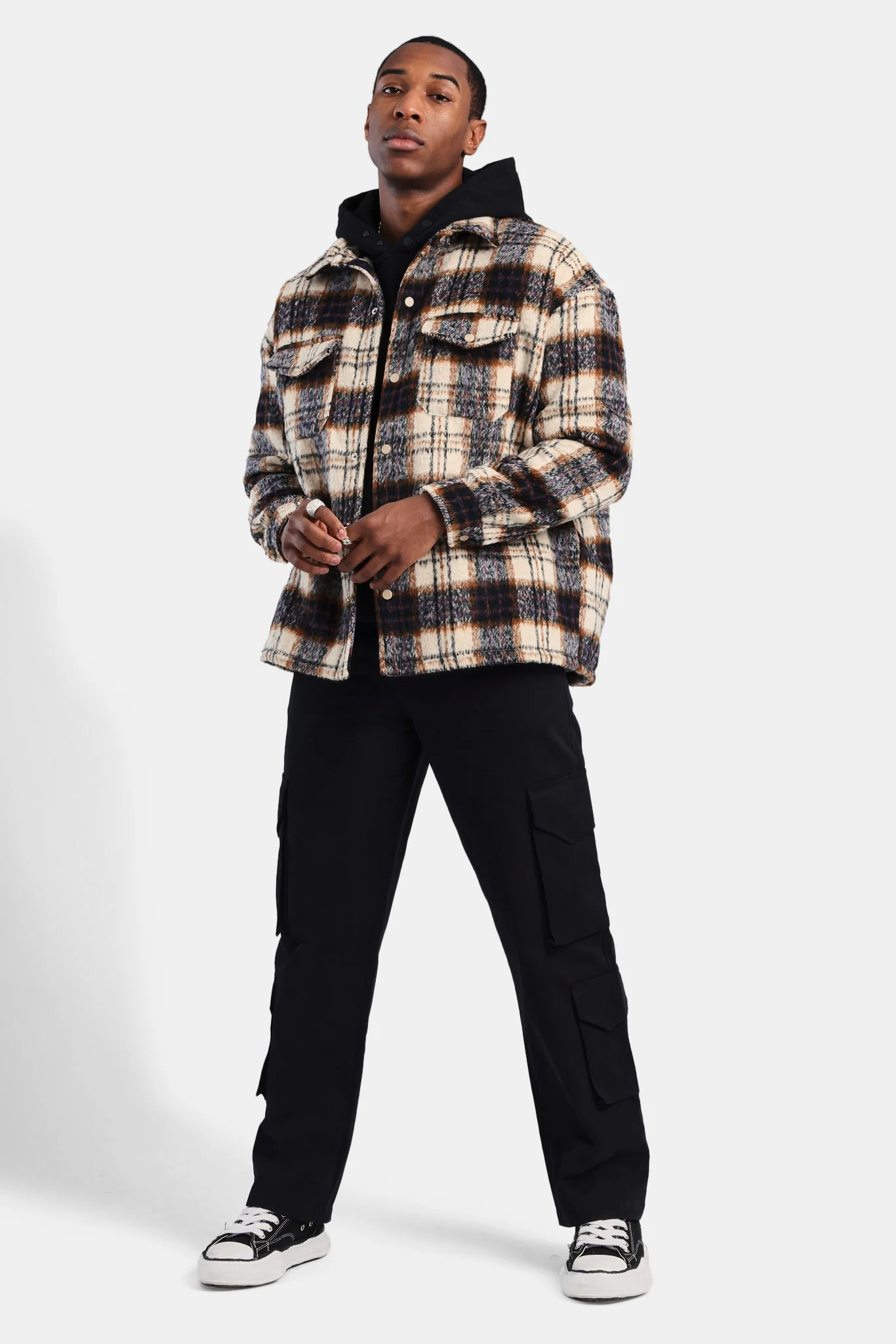 Oversized Brushed Check Overshirt - Beige - Image 6