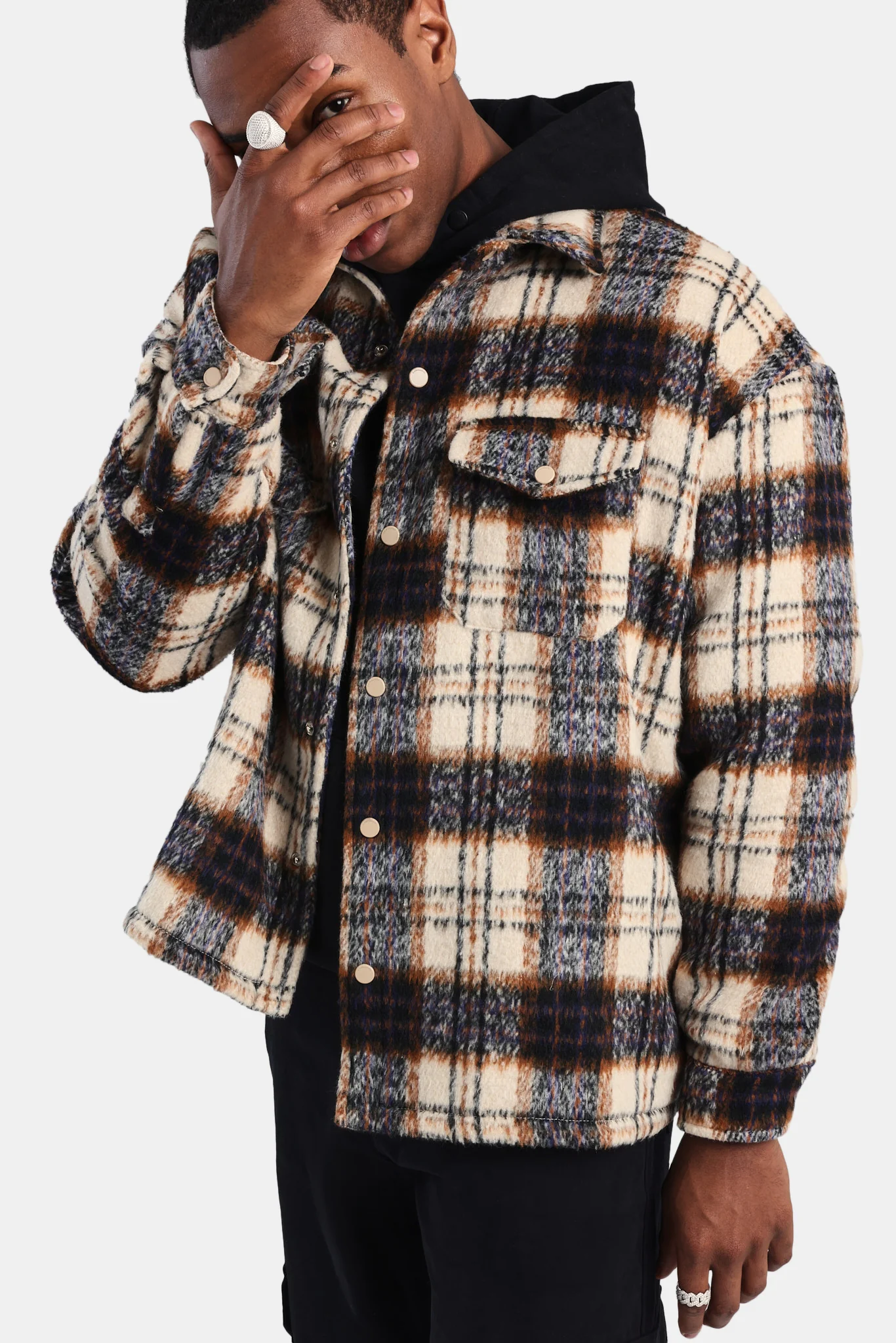 Oversized Brushed Check Overshirt - Beige - Image 7