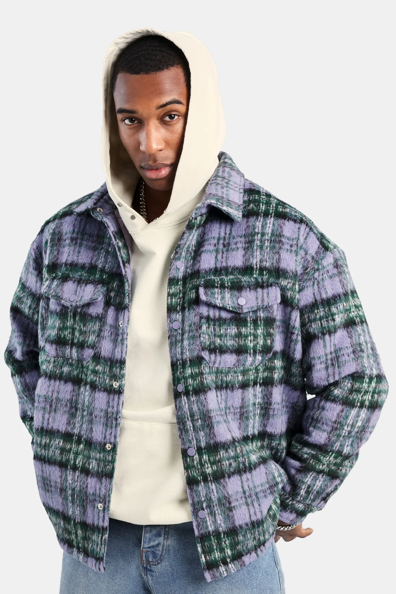 Oversized Brushed Check Overshirt - Purple - Image 4