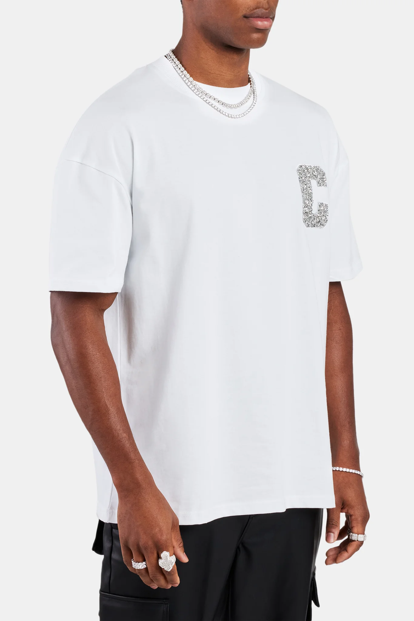 Oversized C Rhinestone Applique T- Shirt - White - Image 5