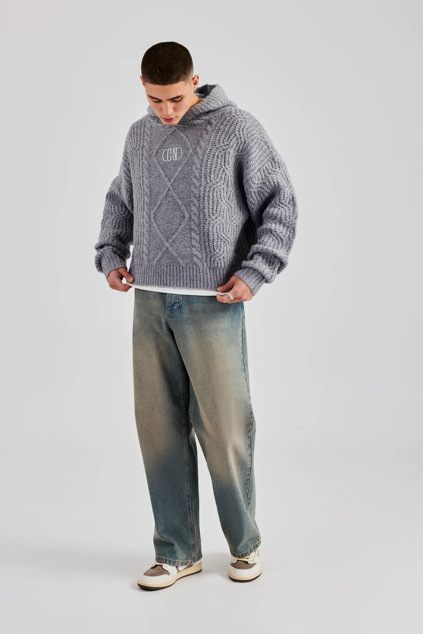 Boxy Cable Knit Embroidered Hoodie - Grey - Image 3