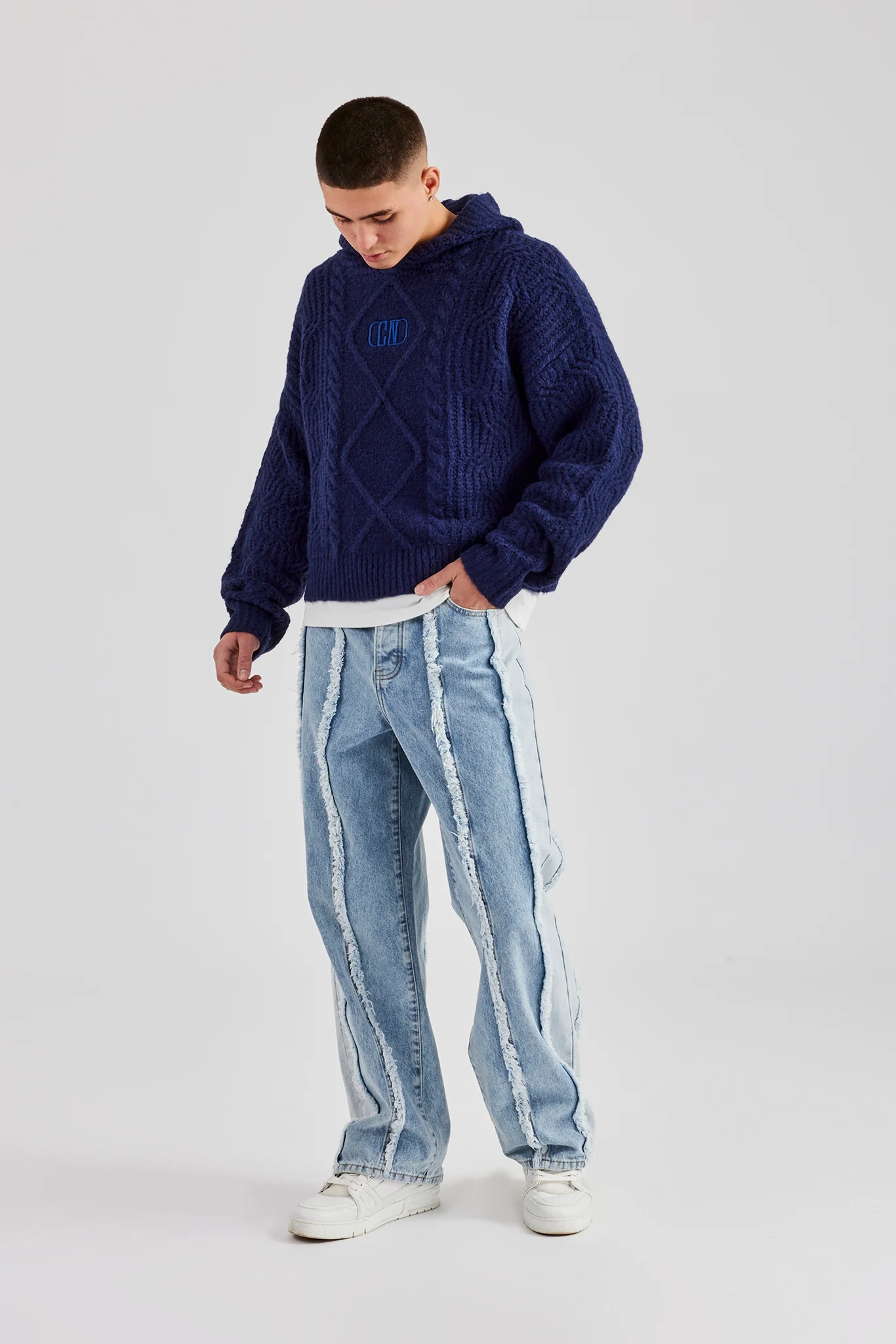 Boxy Cable Knit Embroidered Hoodie - Navy - Image 10