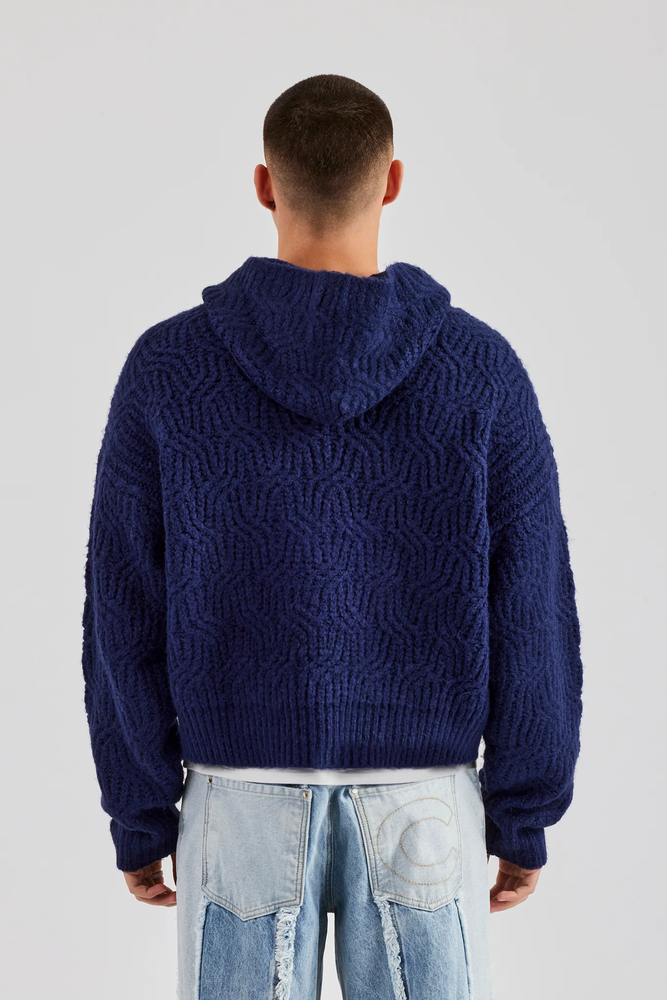Boxy Cable Knit Embroidered Hoodie - Navy - Image 5