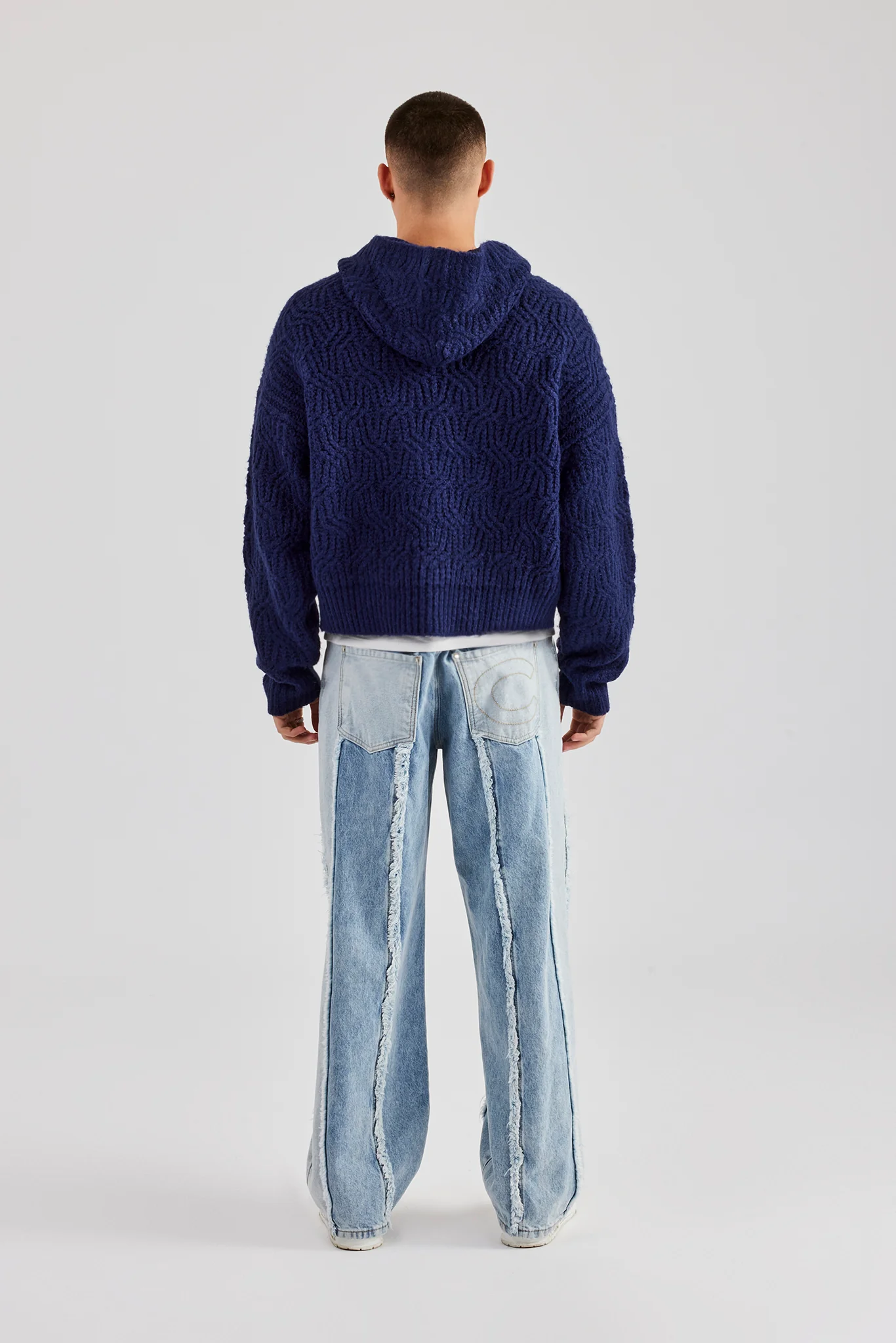 Boxy Cable Knit Embroidered Hoodie - Navy - Image 6