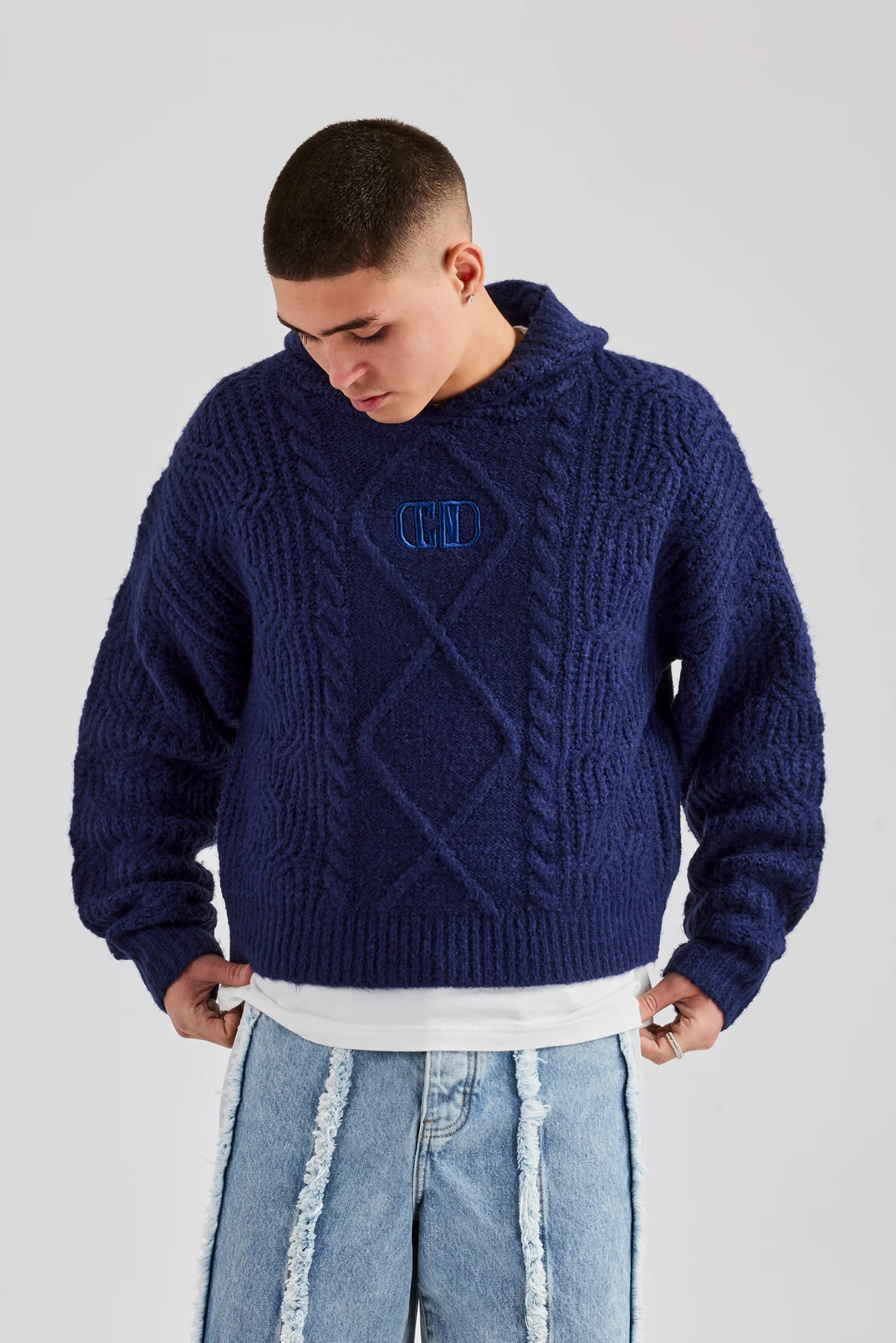 Boxy Cable Knit Embroidered Hoodie - Navy - Image 9