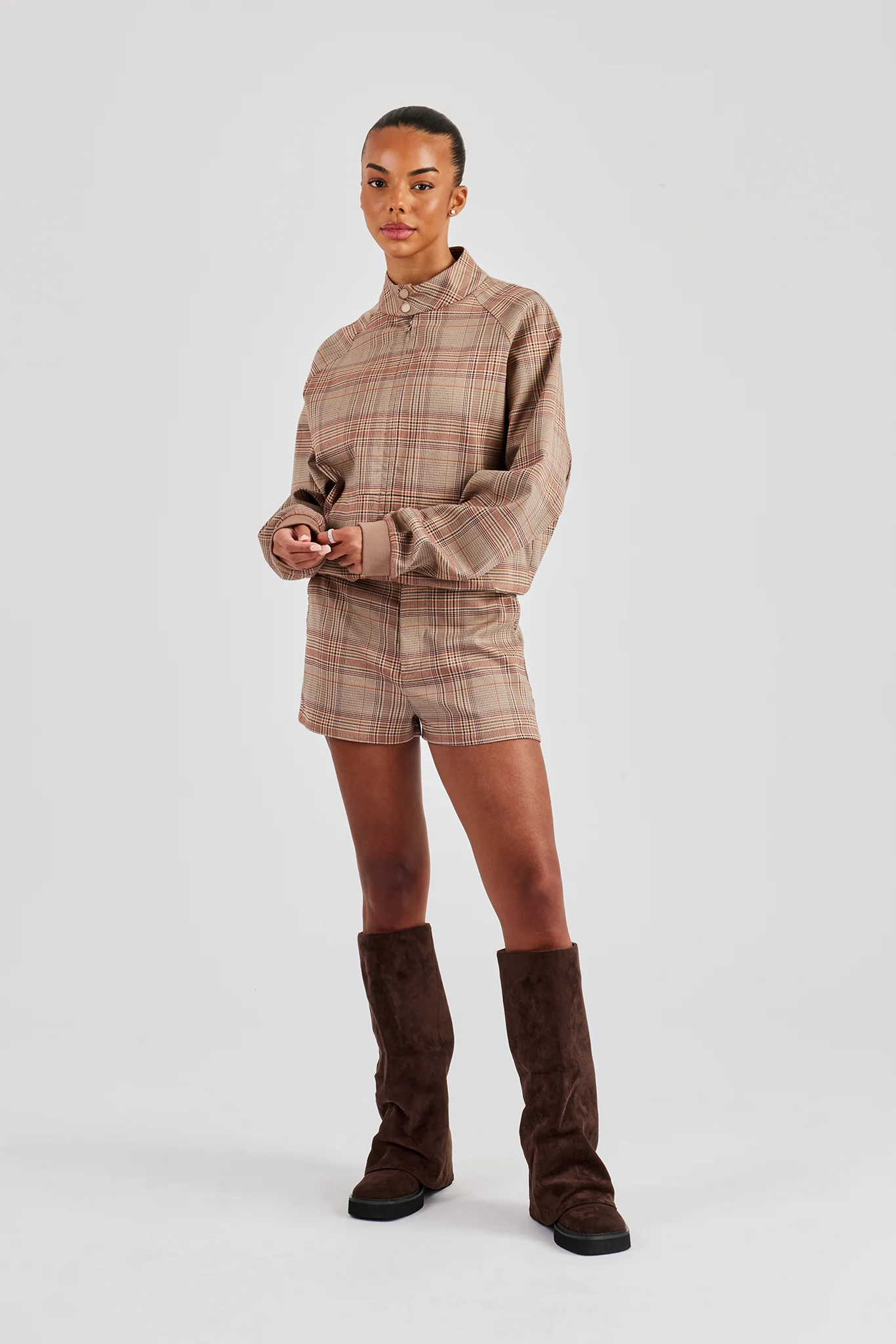 Oversized Check Collarless Jacket & Short - Brown - Image 3