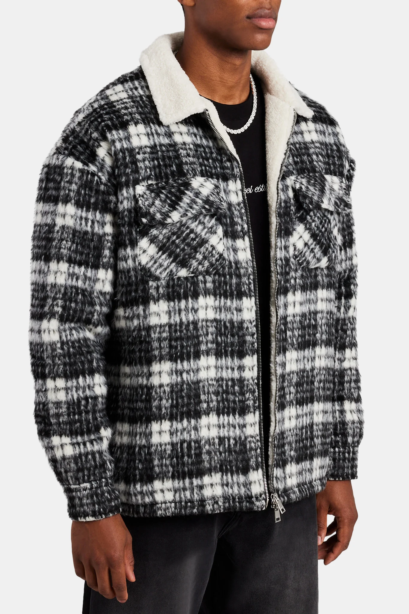 Oversized Check Zip Borg Lined Overshirt - Black - Image 3