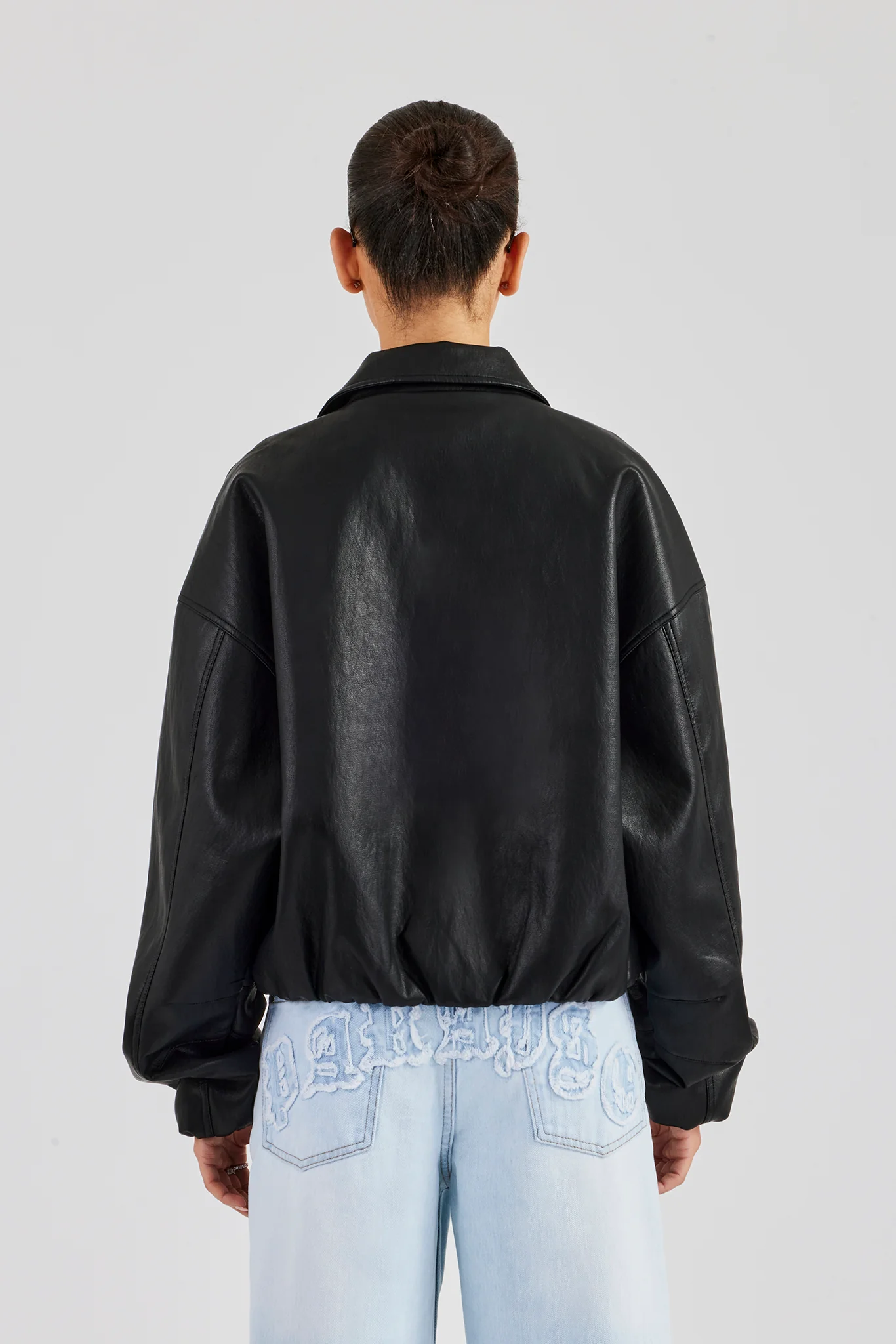 Oversized Collared Pu Bomber - Black - Image 3