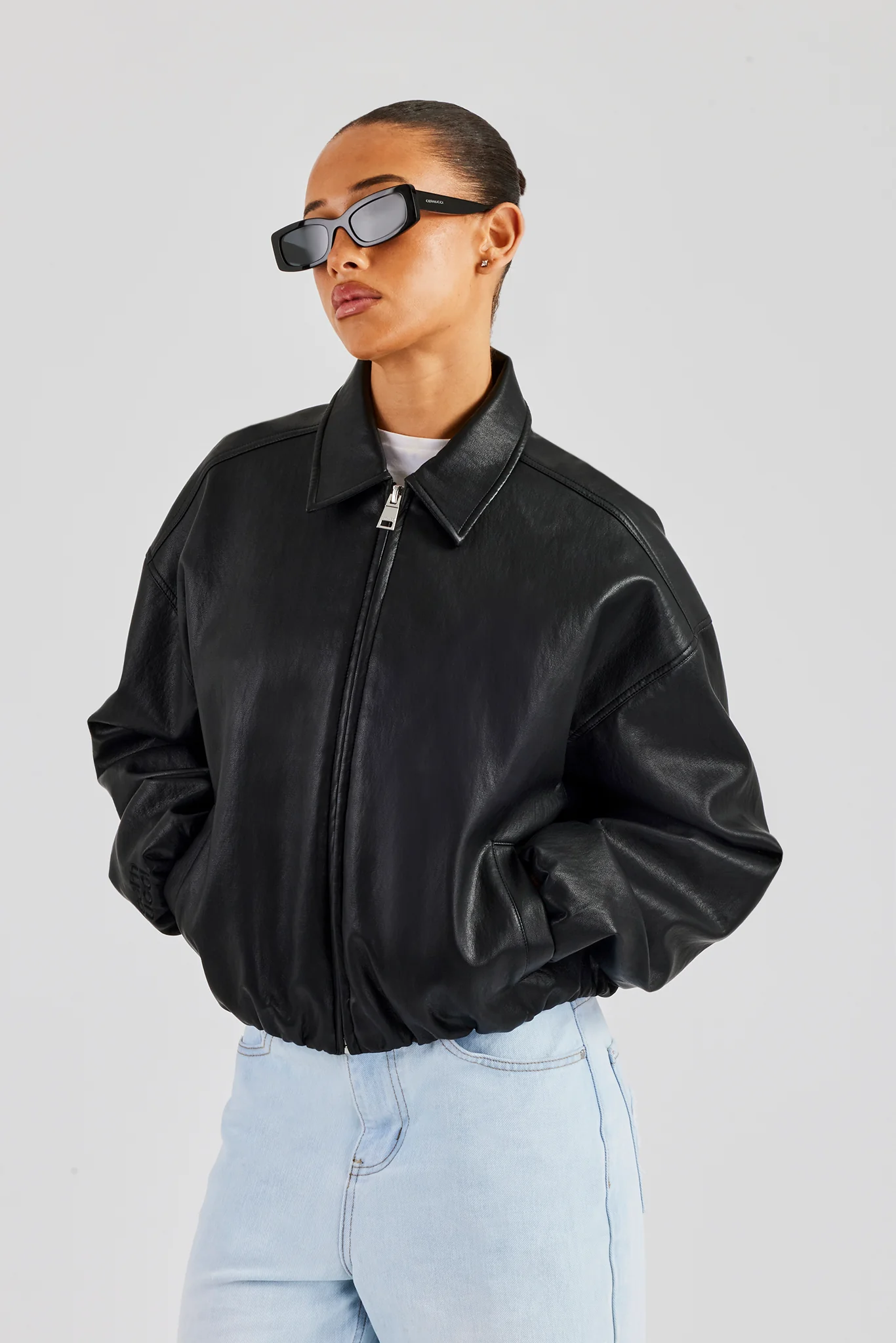 Oversized Collared Pu Bomber - Black - Image 4