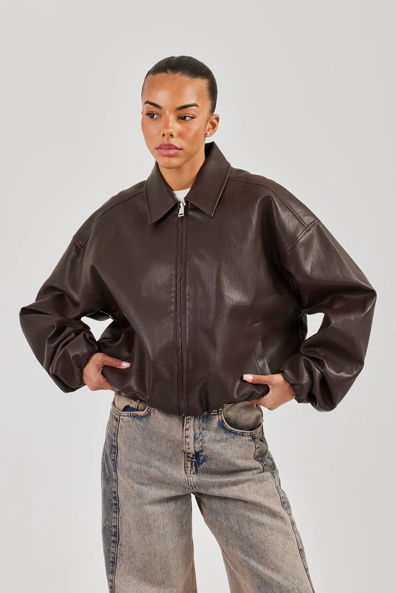 Oversized Collared PU Bomber - Chocolate - Image 4