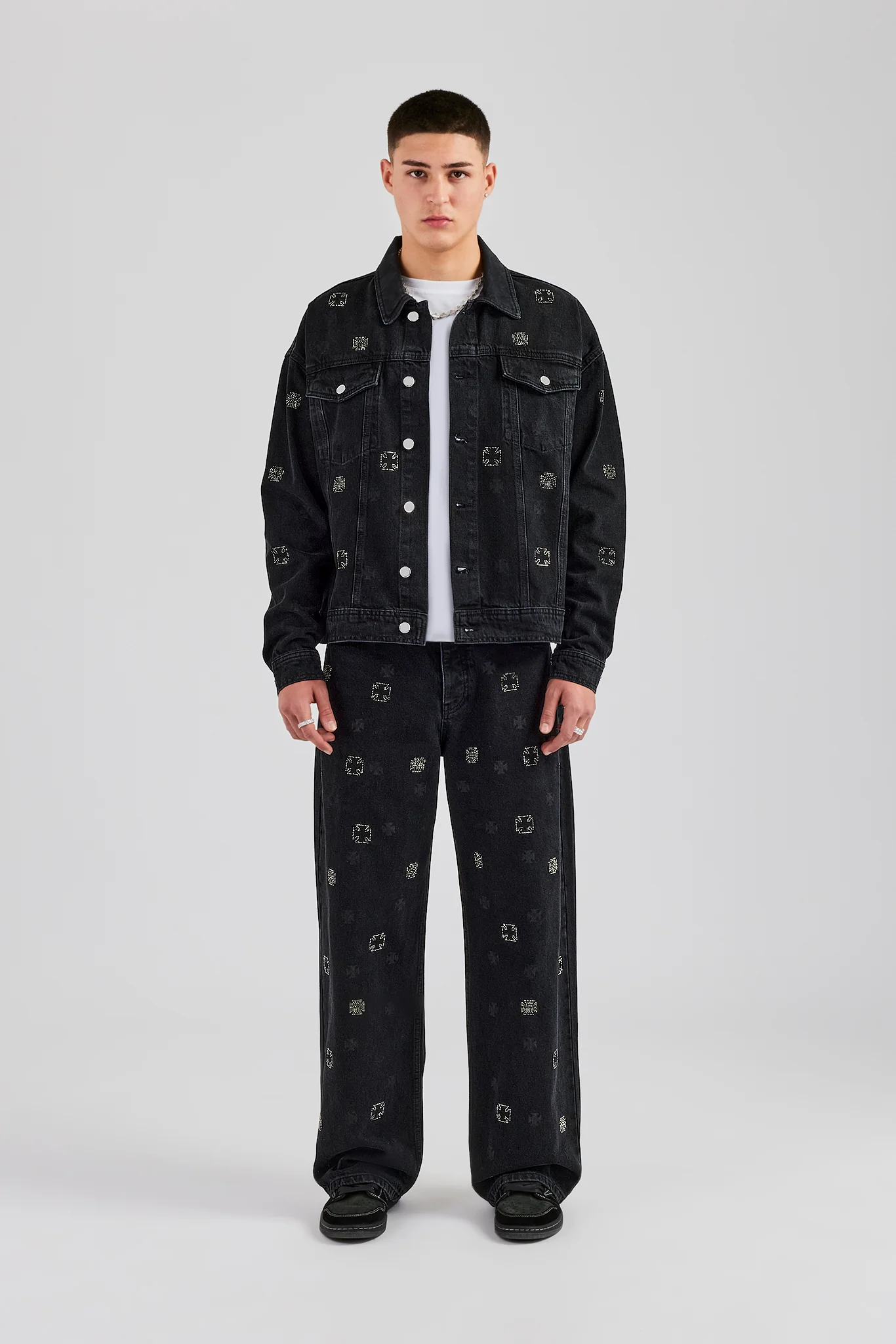 Oversized Embellished Jacket and Jean Set - Washed Black - Image 2